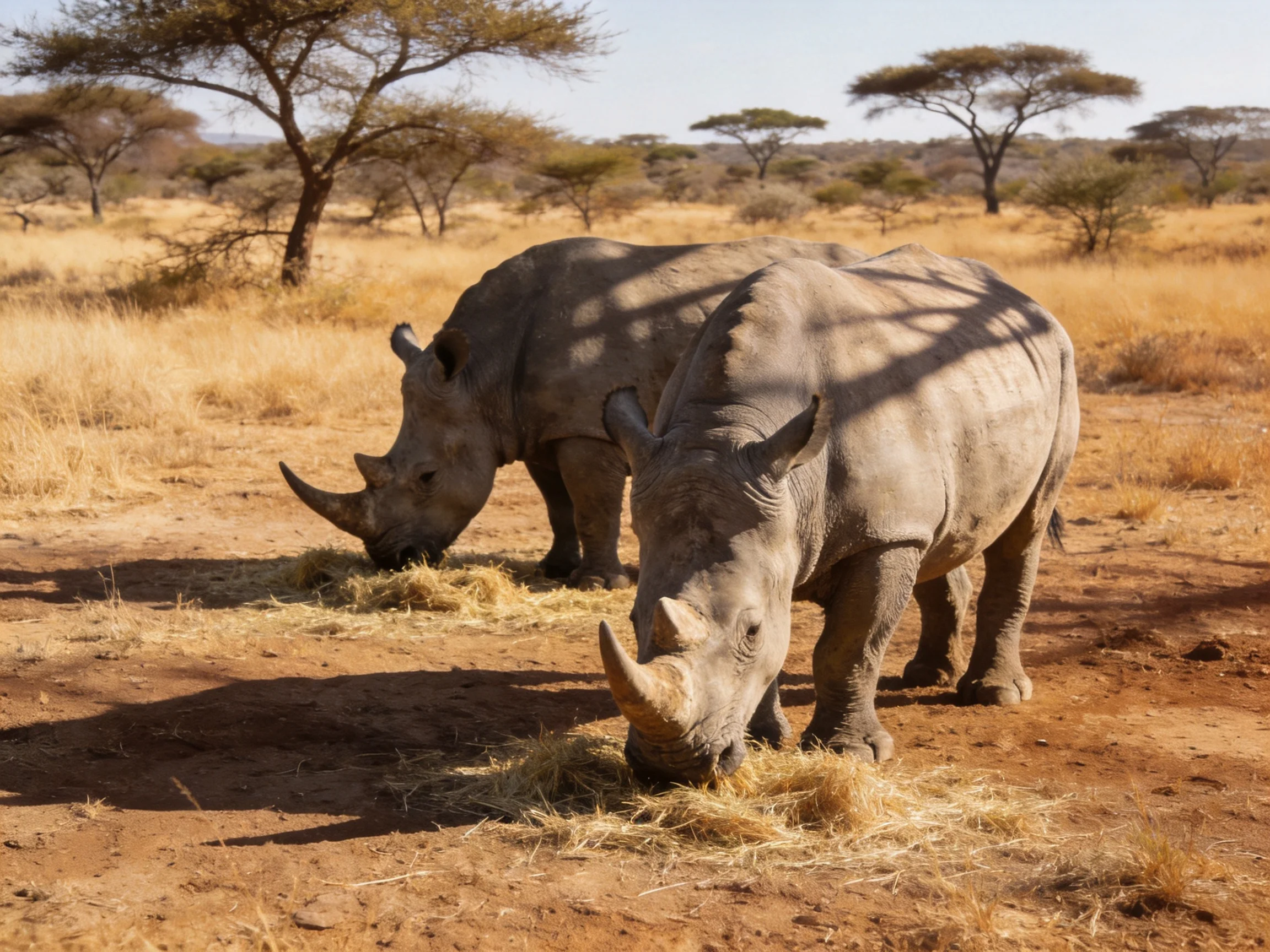 Two gray rhinos graze on hay in a sunlit arid savannah landscape