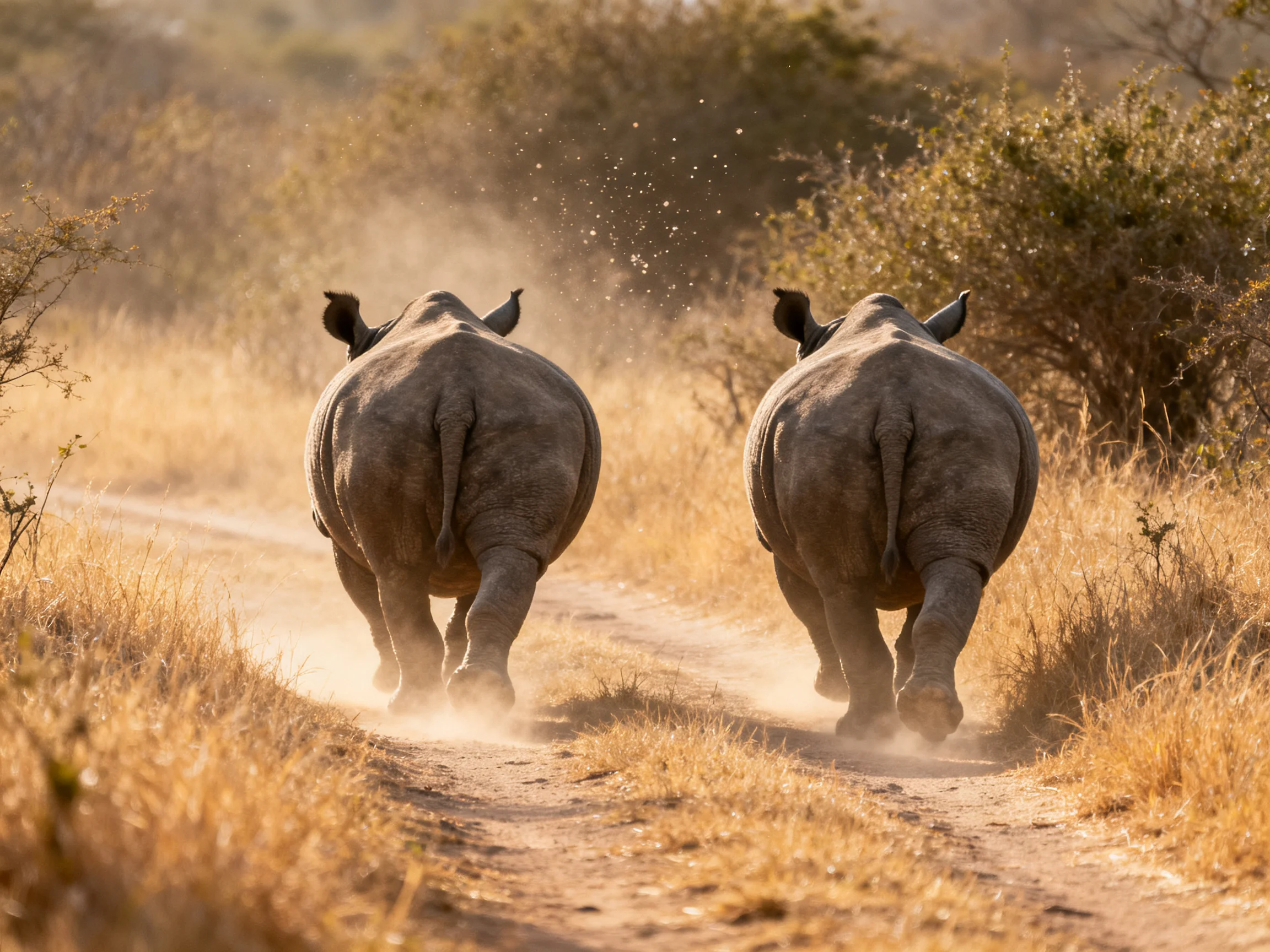 Two gray rhinos run along a dusty dirt road in golden savannah