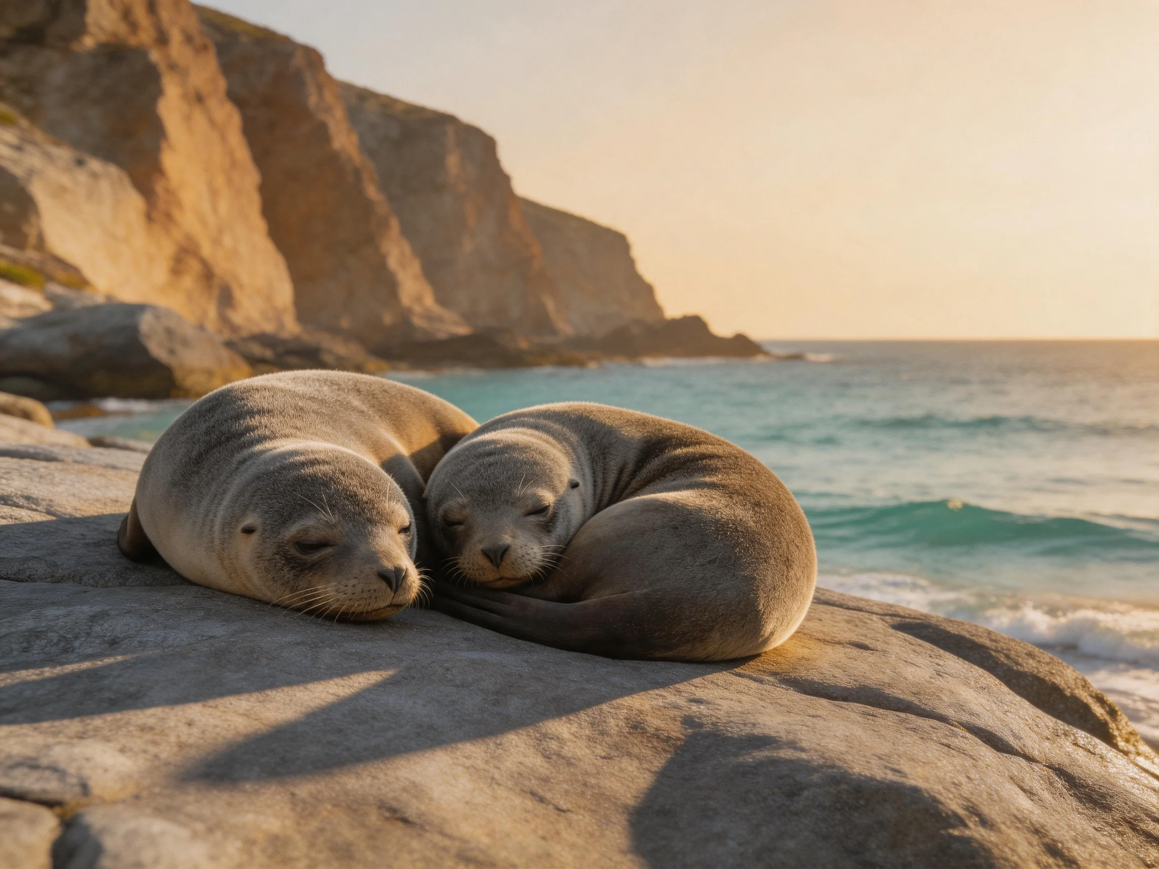 Two gray sea lion pups cuddle on a rocky coastal ledge by the ocean.