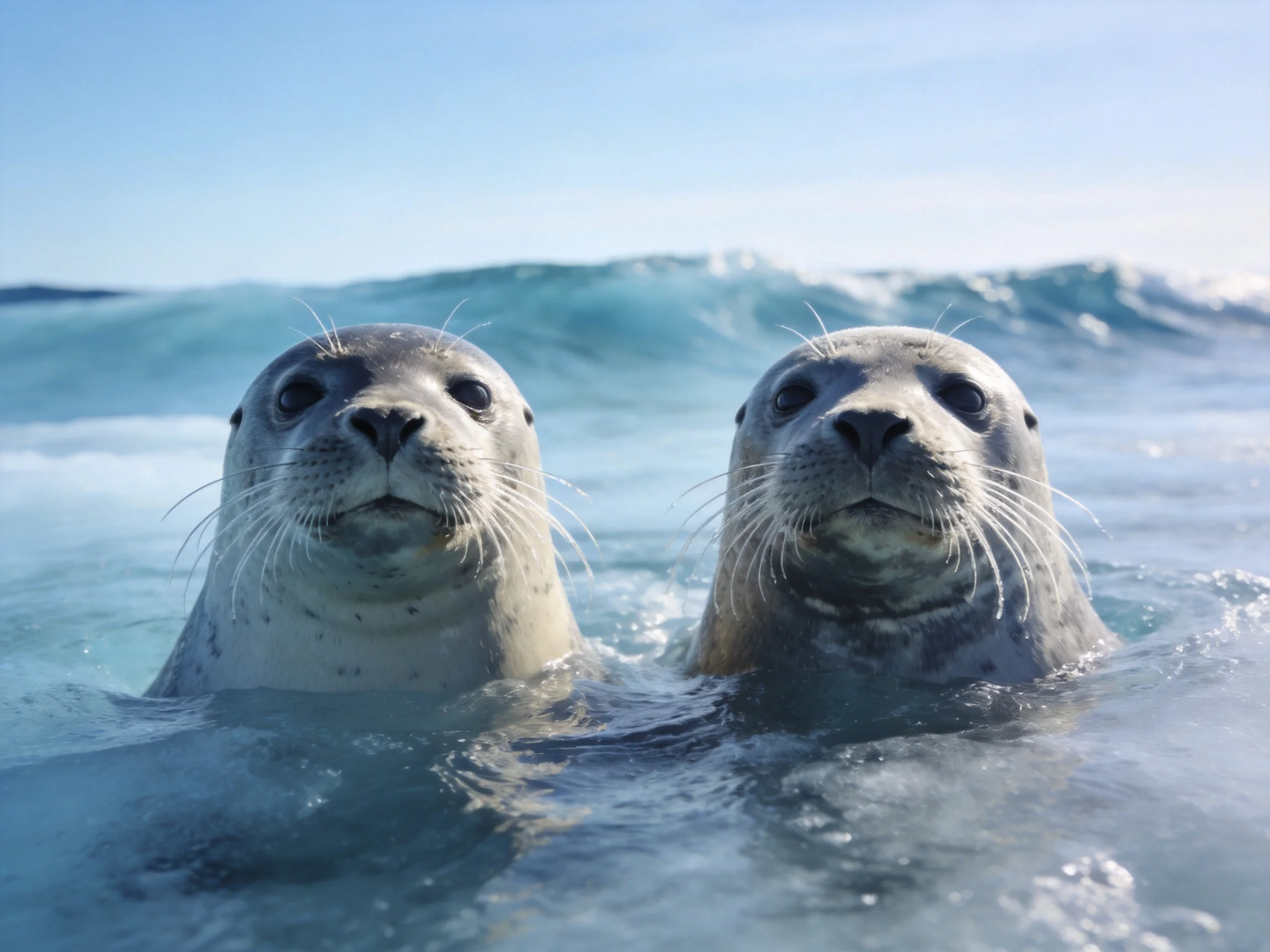 Two gray seals float in turquoise ocean waves under bright sky