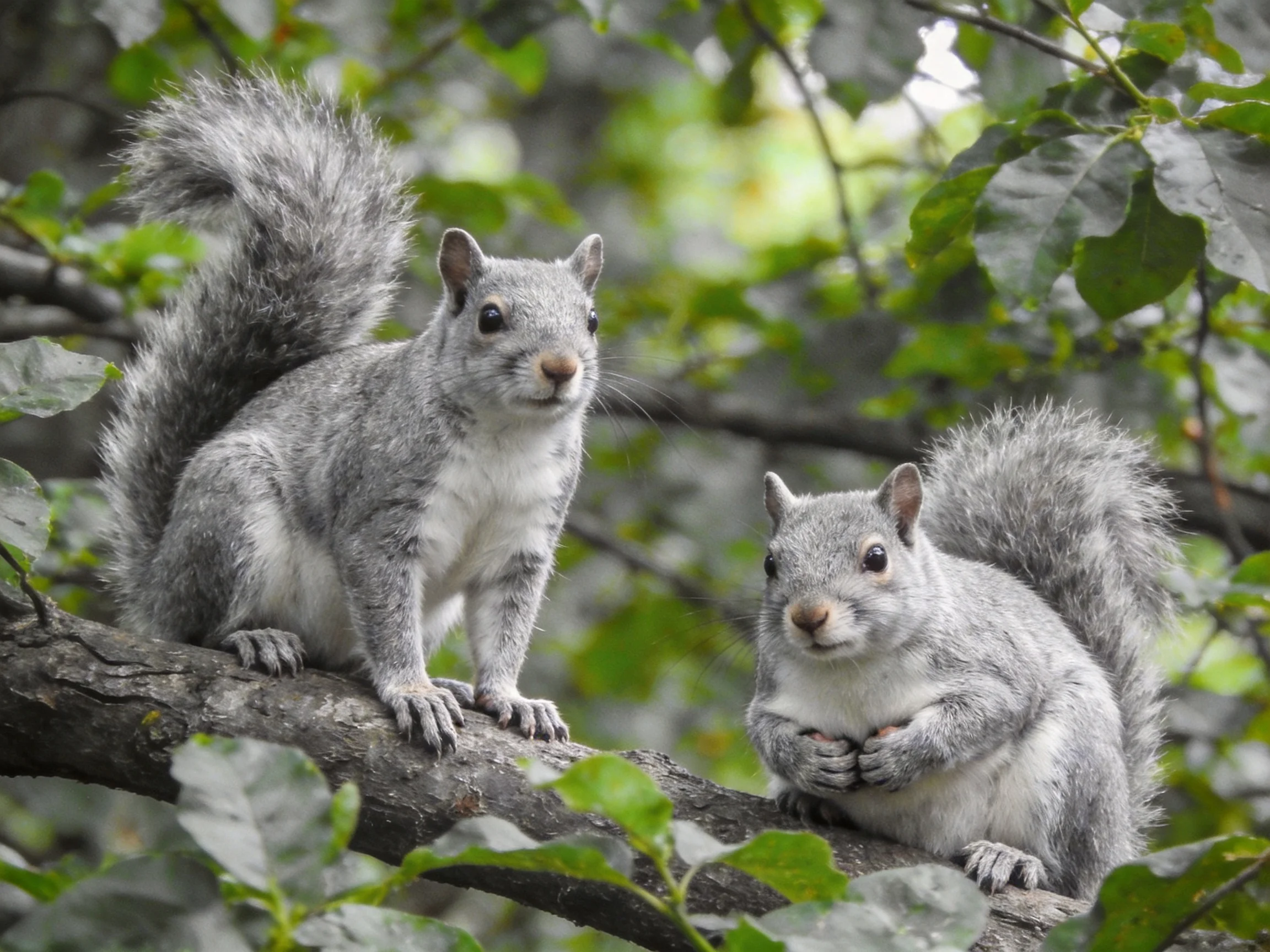 Two gray squirrels rest on a tree branch surrounded by leaves.