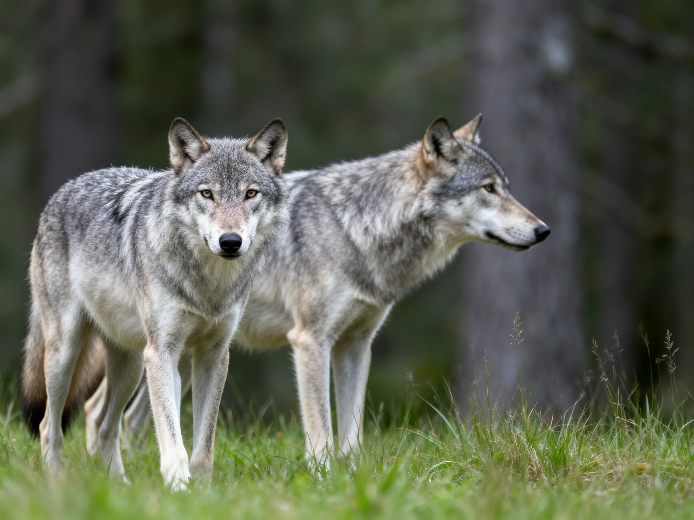 Two gray wolves in a lush green meadow near tall trees