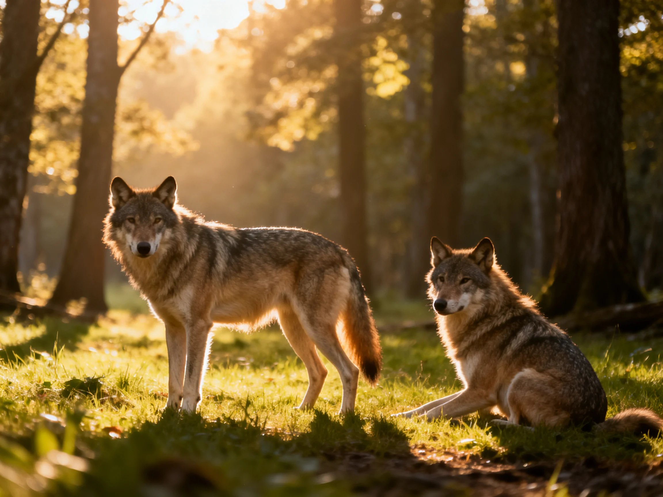 Two gray wolves in a sunlit forest clearing