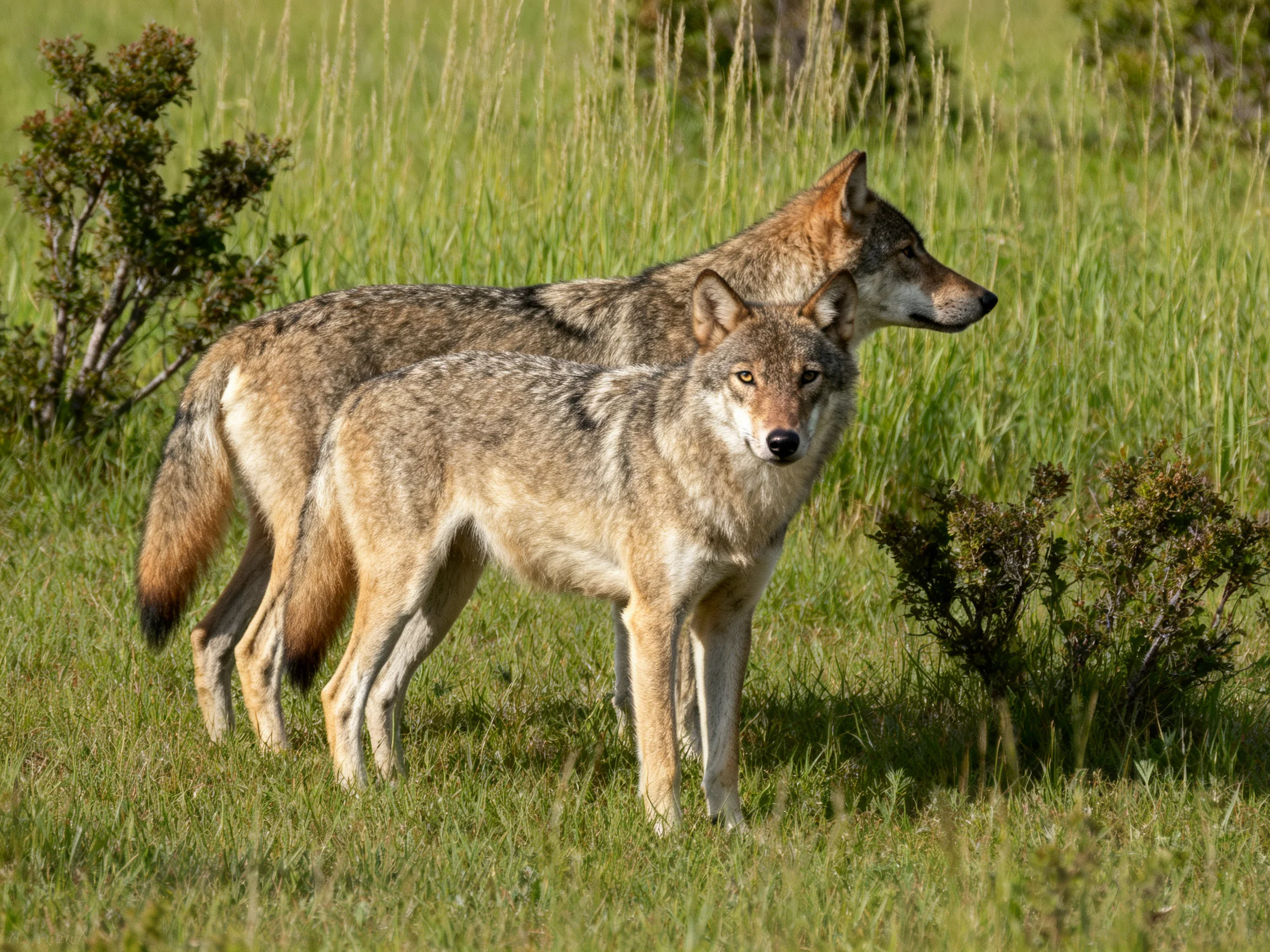 Two gray wolves in a sunlit grassy meadow with shrubs