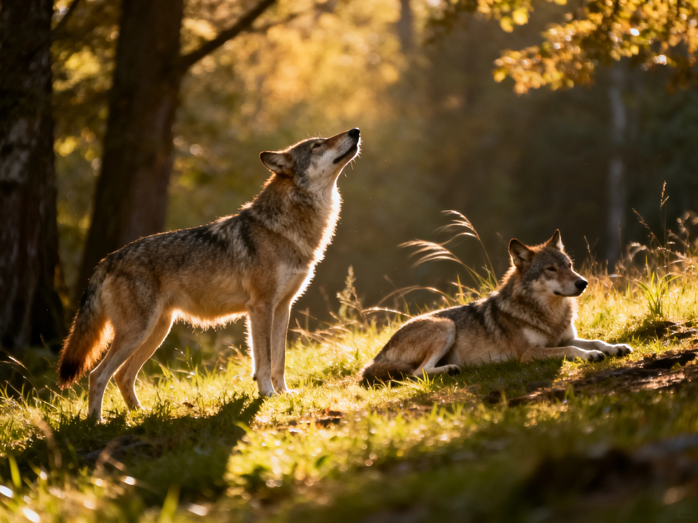 Two gray wolves, one howling, the other resting, in a sunlit forest