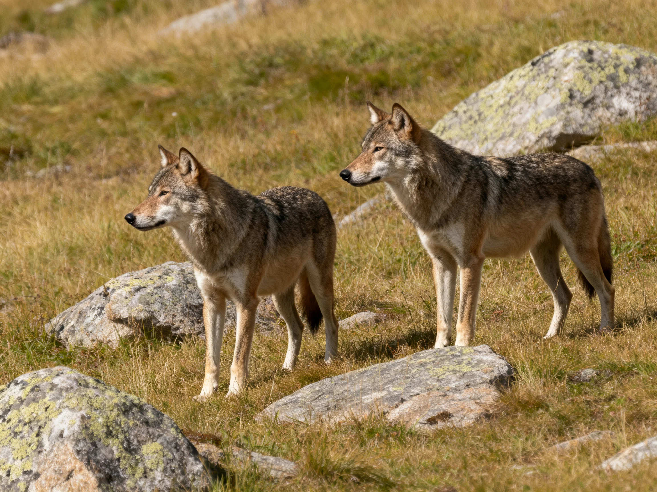 Two gray wolves stand near lichen-covered rocks in a golden field