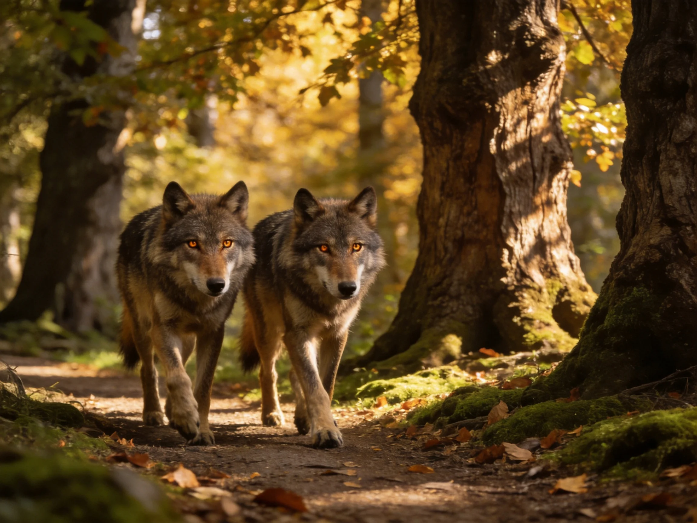 Two gray wolves walk along a mossy forest path with golden trees