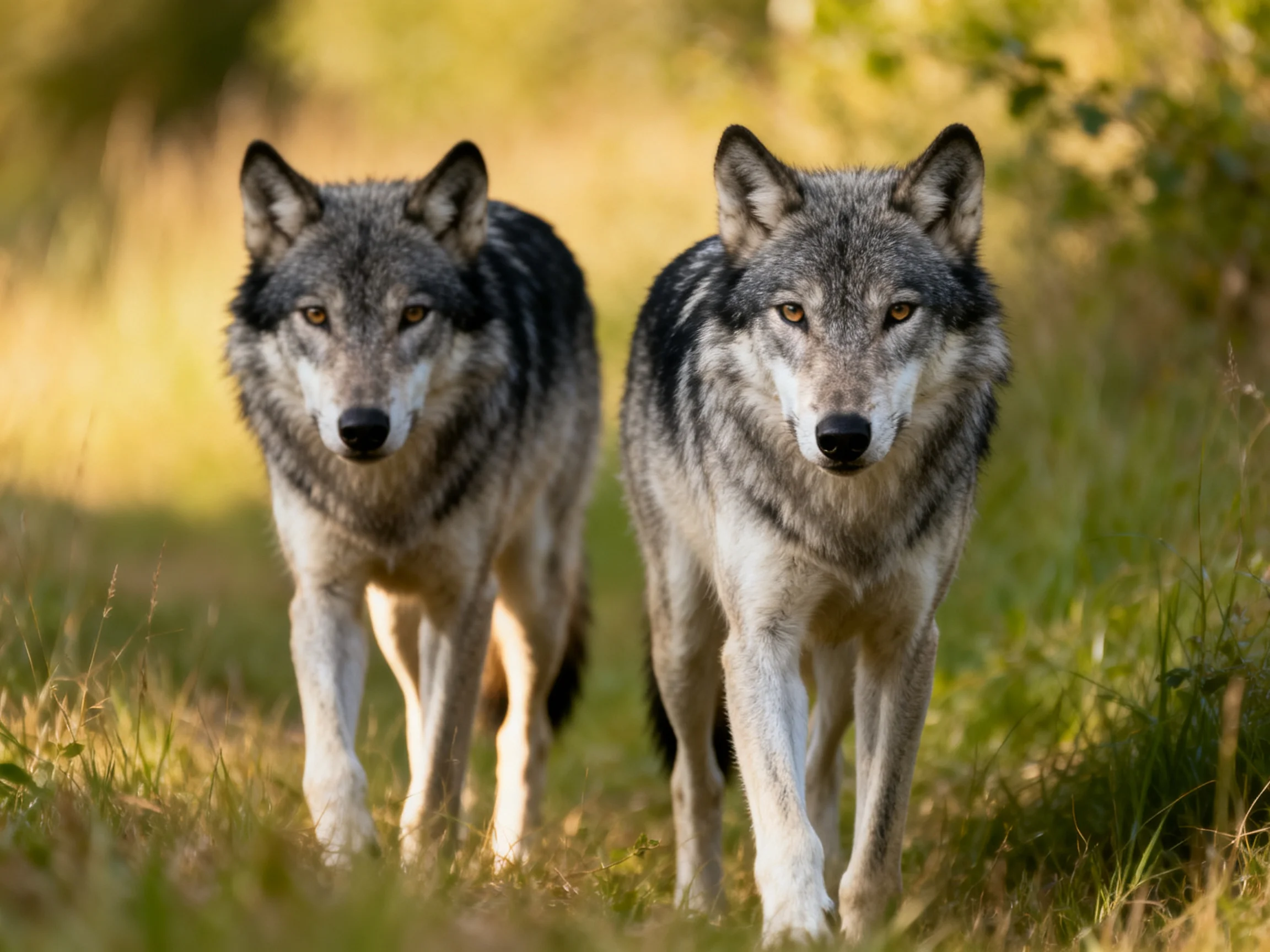 Two gray wolves walk through a sunlit grassy forest path