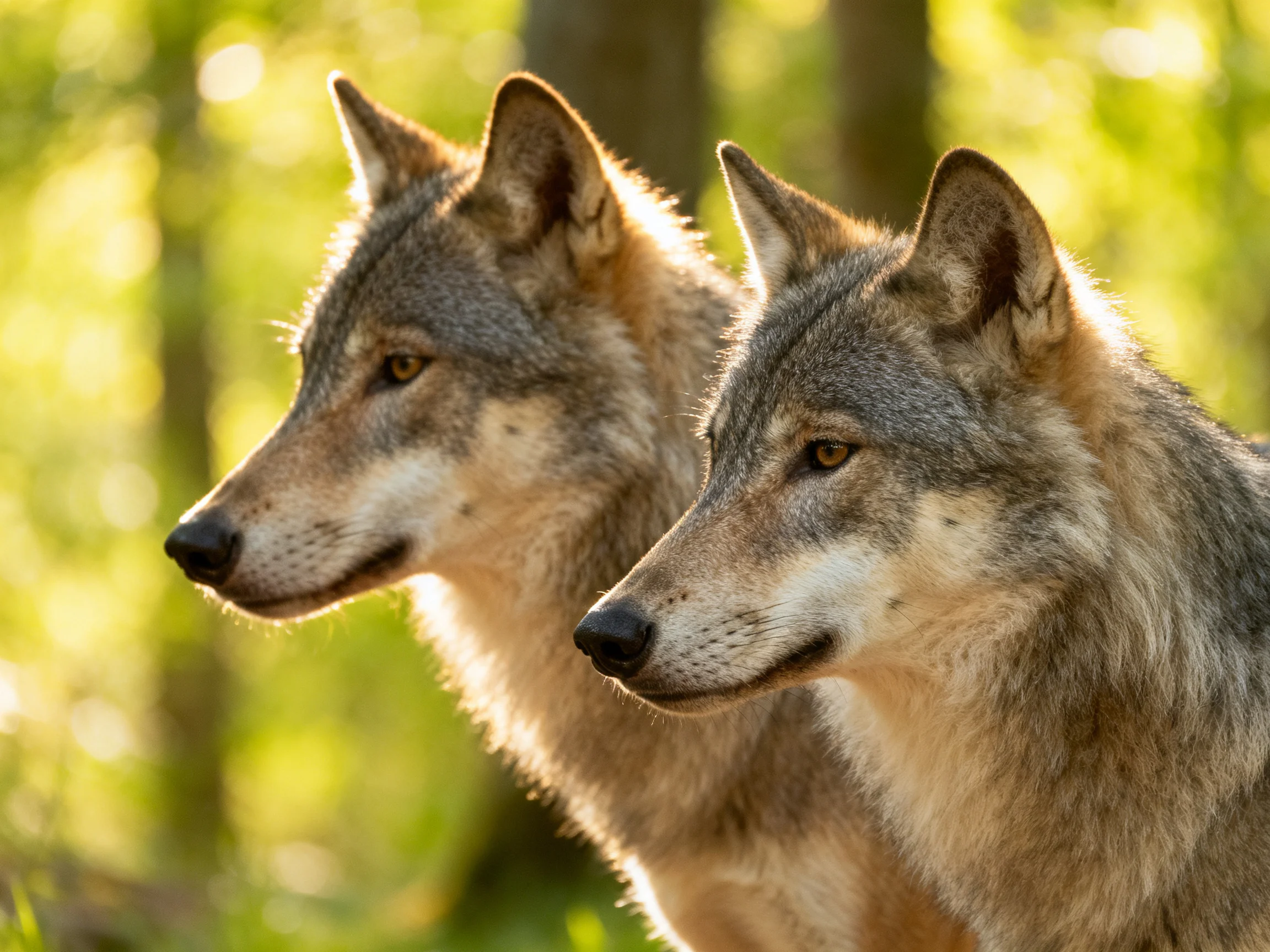Two gray wolves with tan markings in a sunlit forest