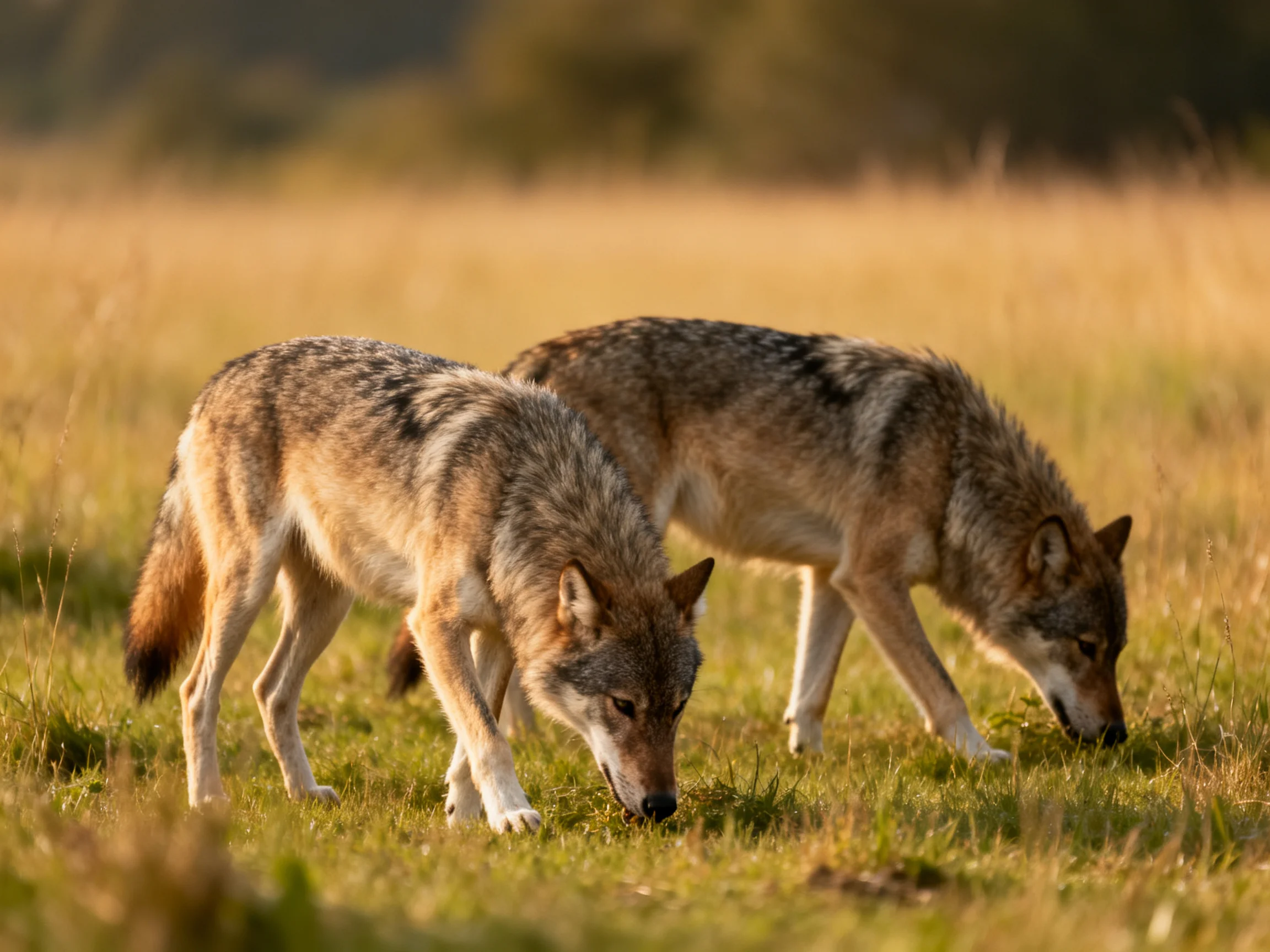 Two grayish-brown wolves foraging in a golden grassy meadow