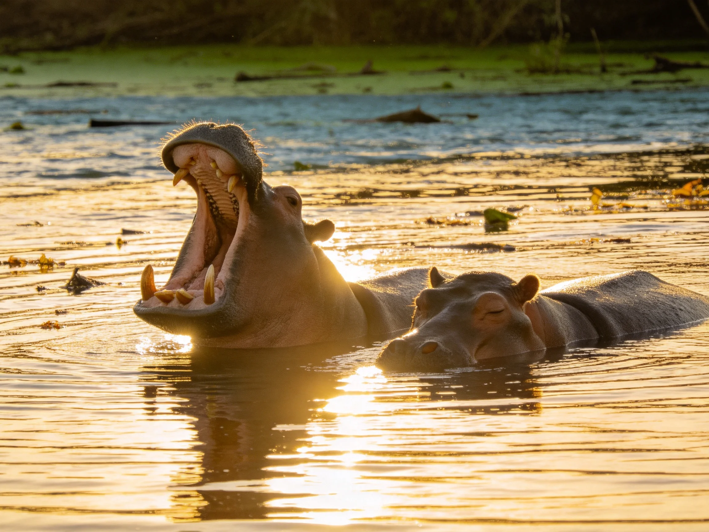 Two hippos swim in golden water, one yawning, under warm sunlight.