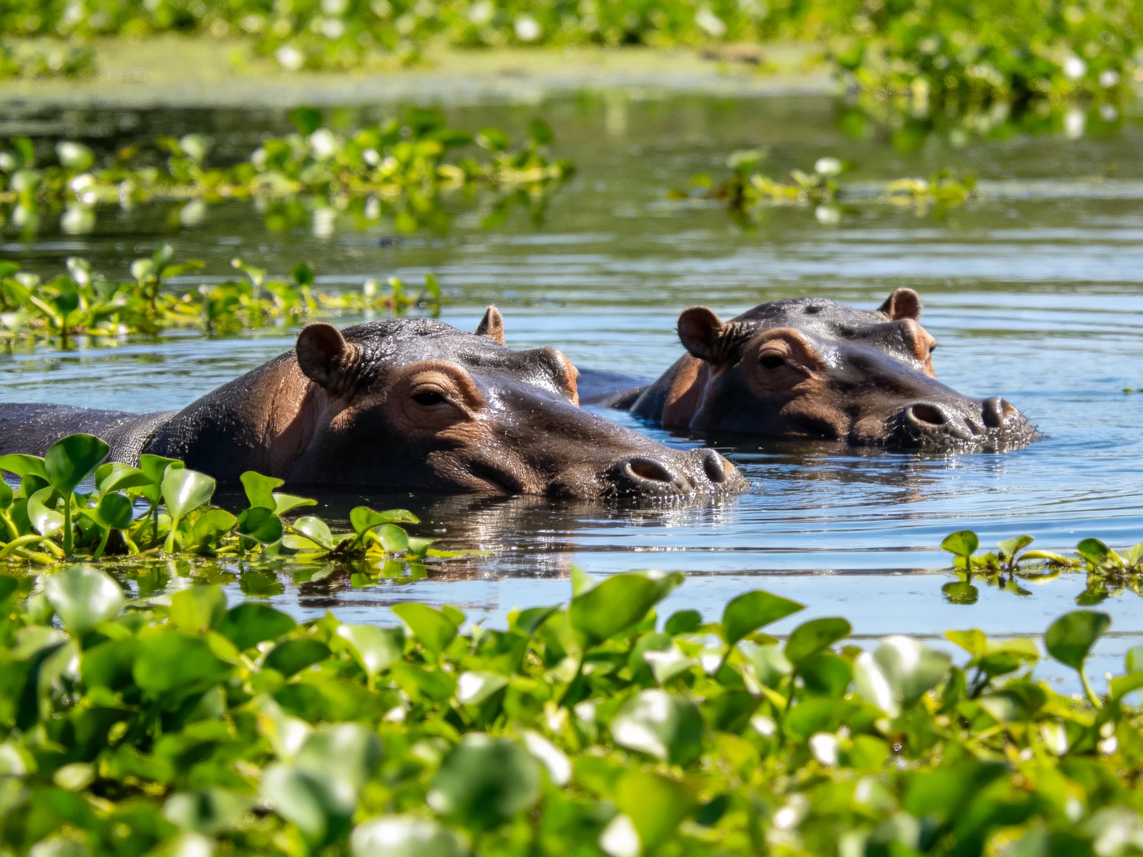 Two hippos rest in a pond surrounded by green vegetation.