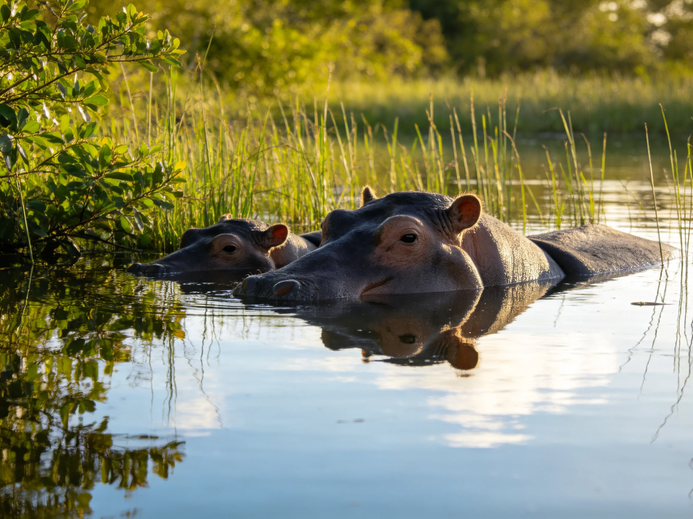 Two hippos rest in calm water surrounded by lush vegetation.