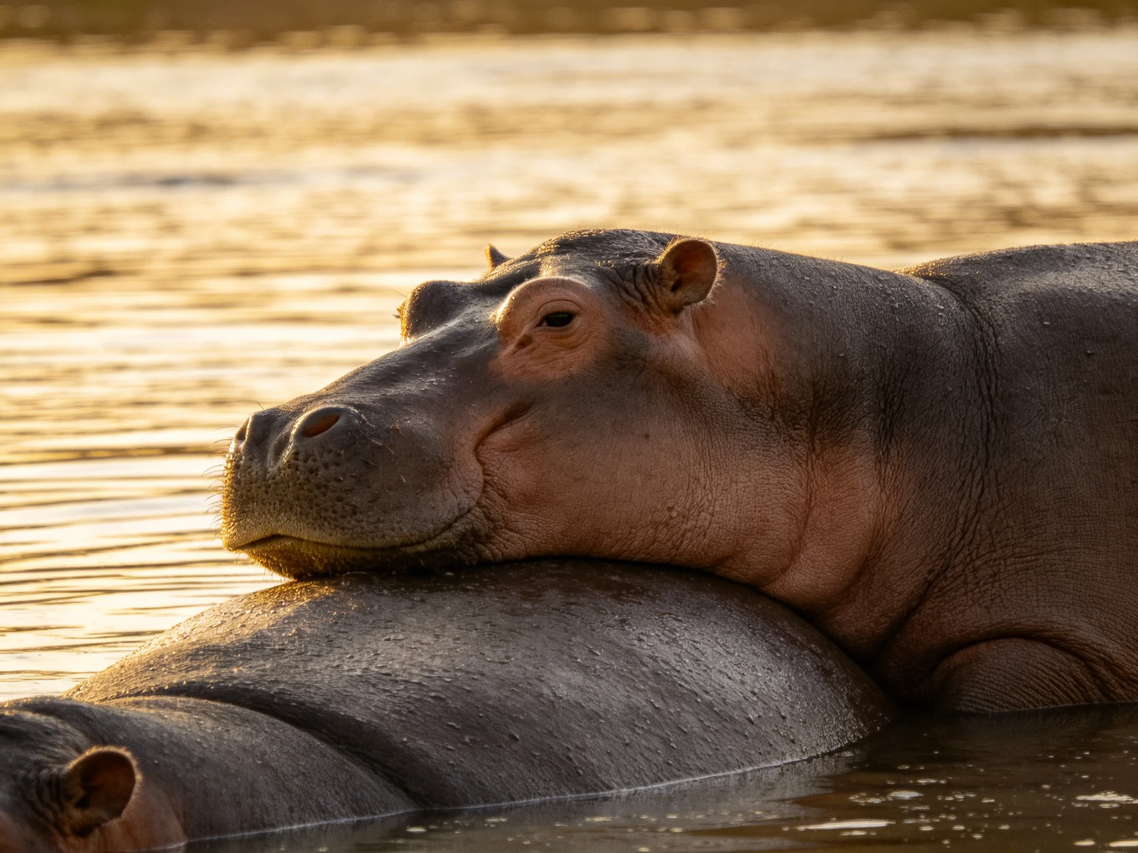 Two hippos rest closely in golden-hued water