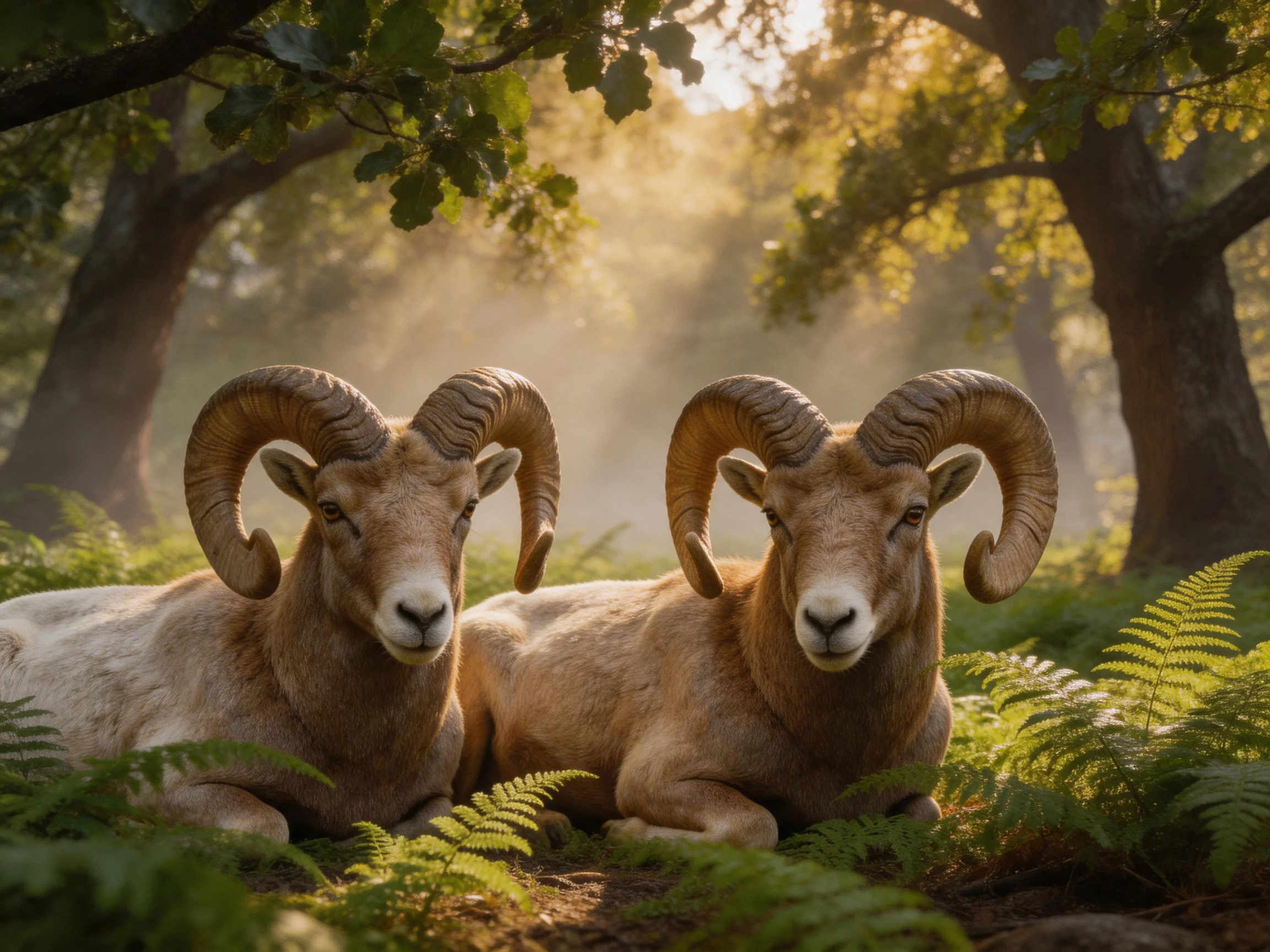 Two horned animals resting among ferns in a sunlit forest