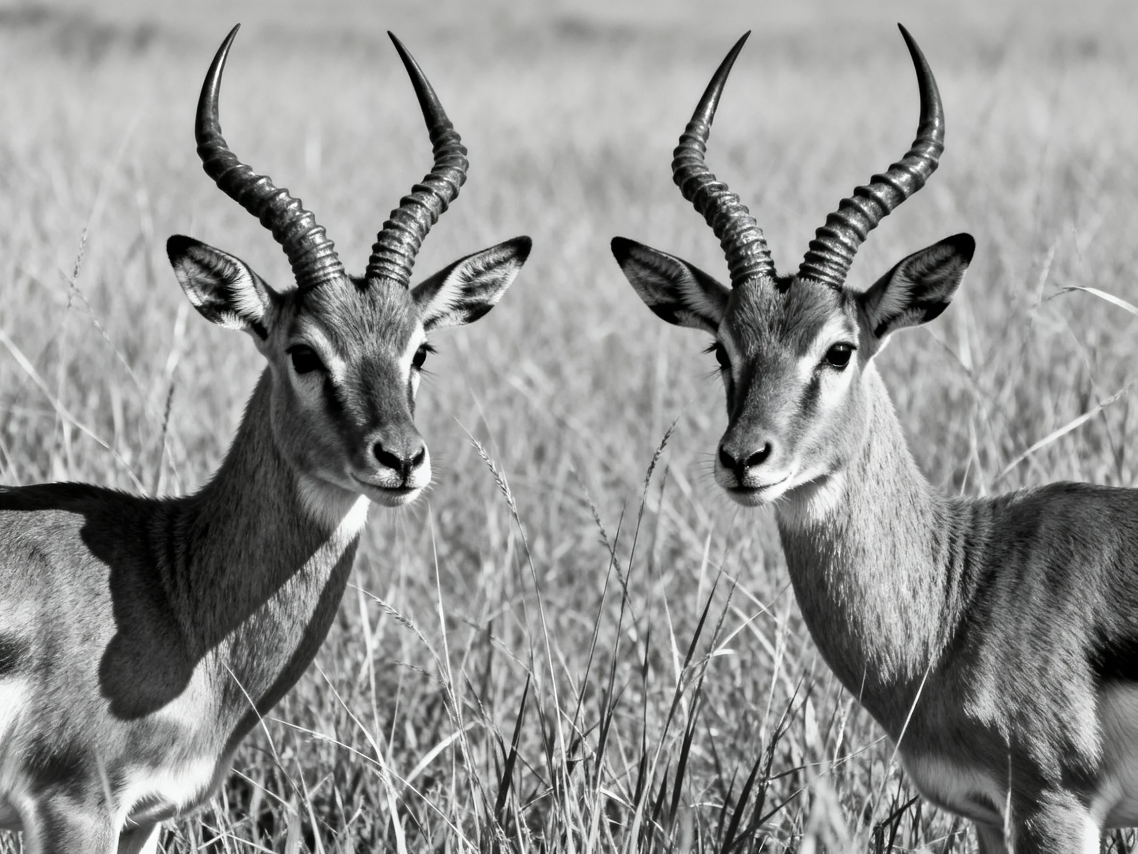 Two horned antelopes with spiraled horns in tall grass