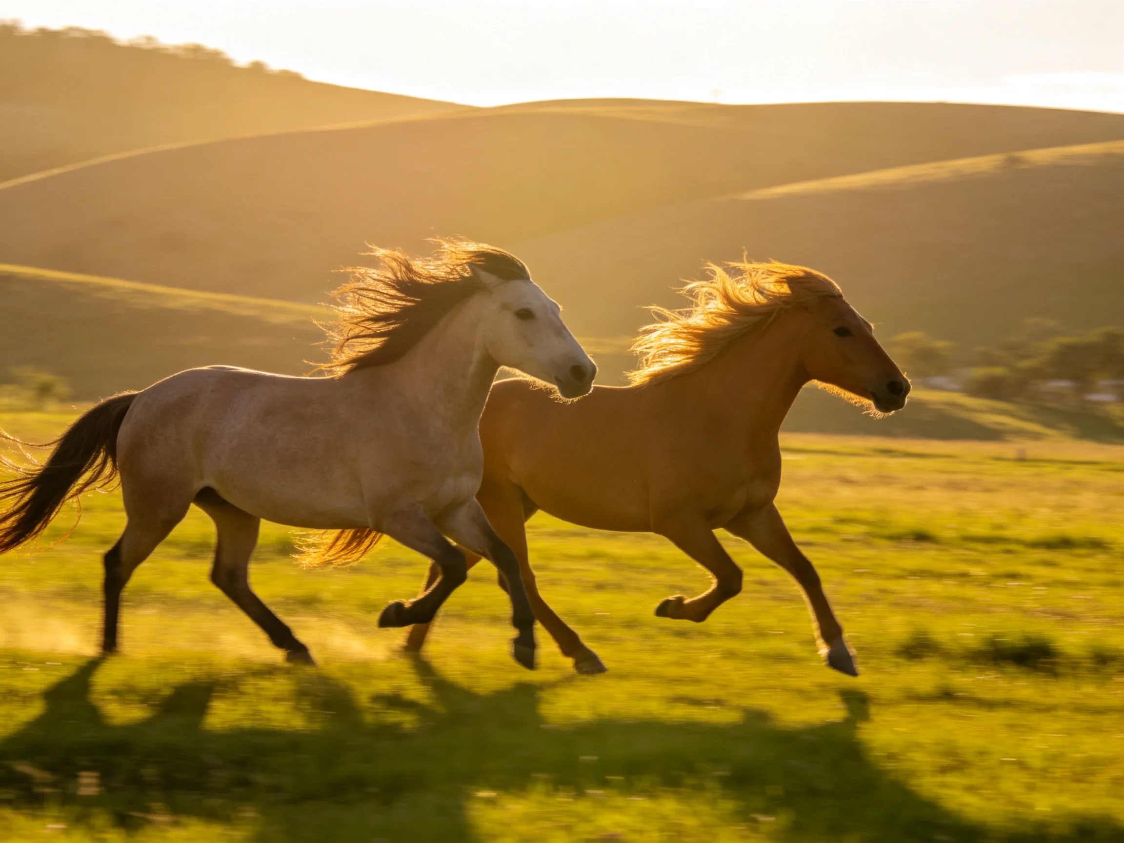 Two horses gallop through a golden meadow with rolling hills