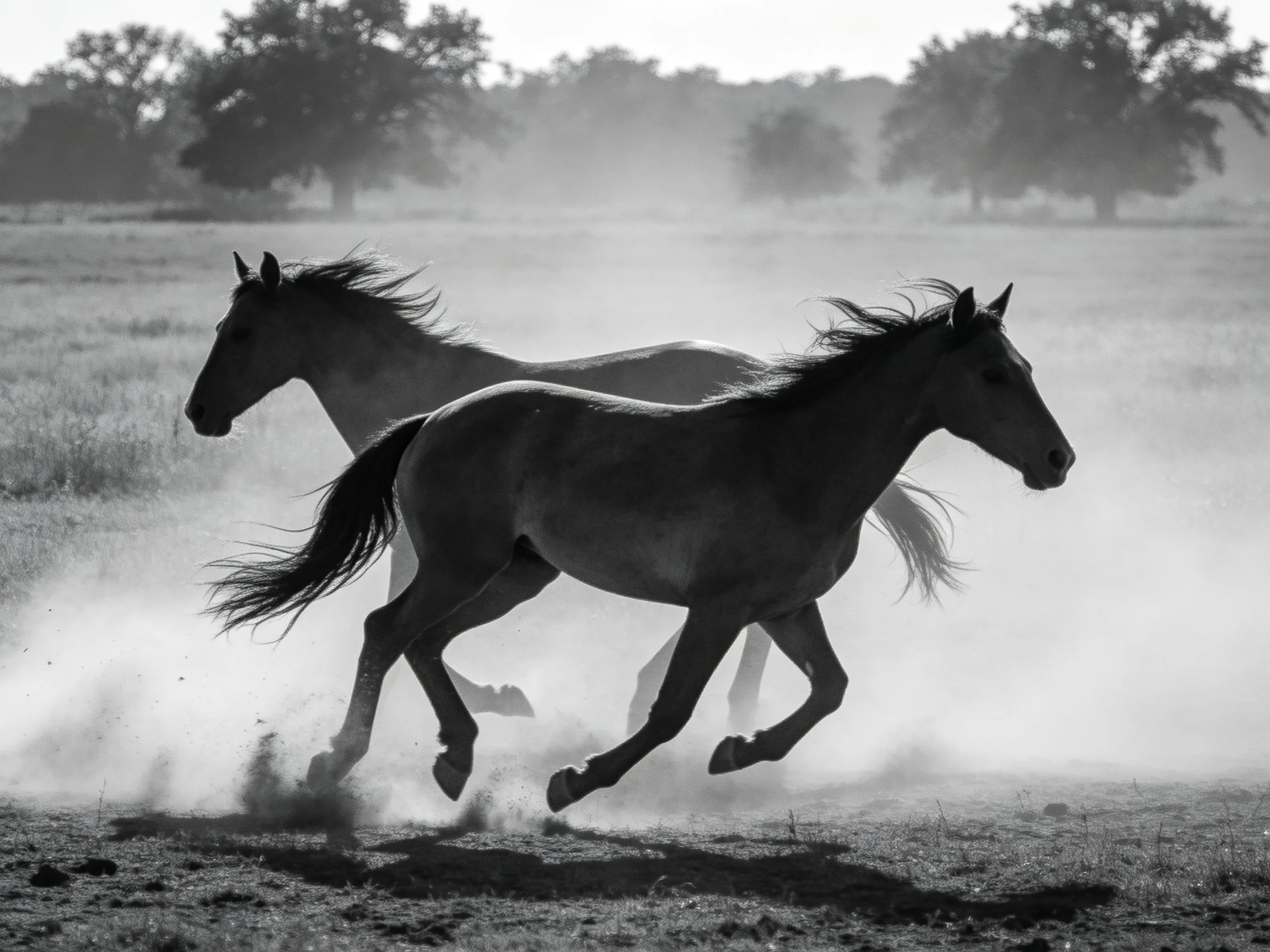 Two horses gallop through dusty terrain near trees