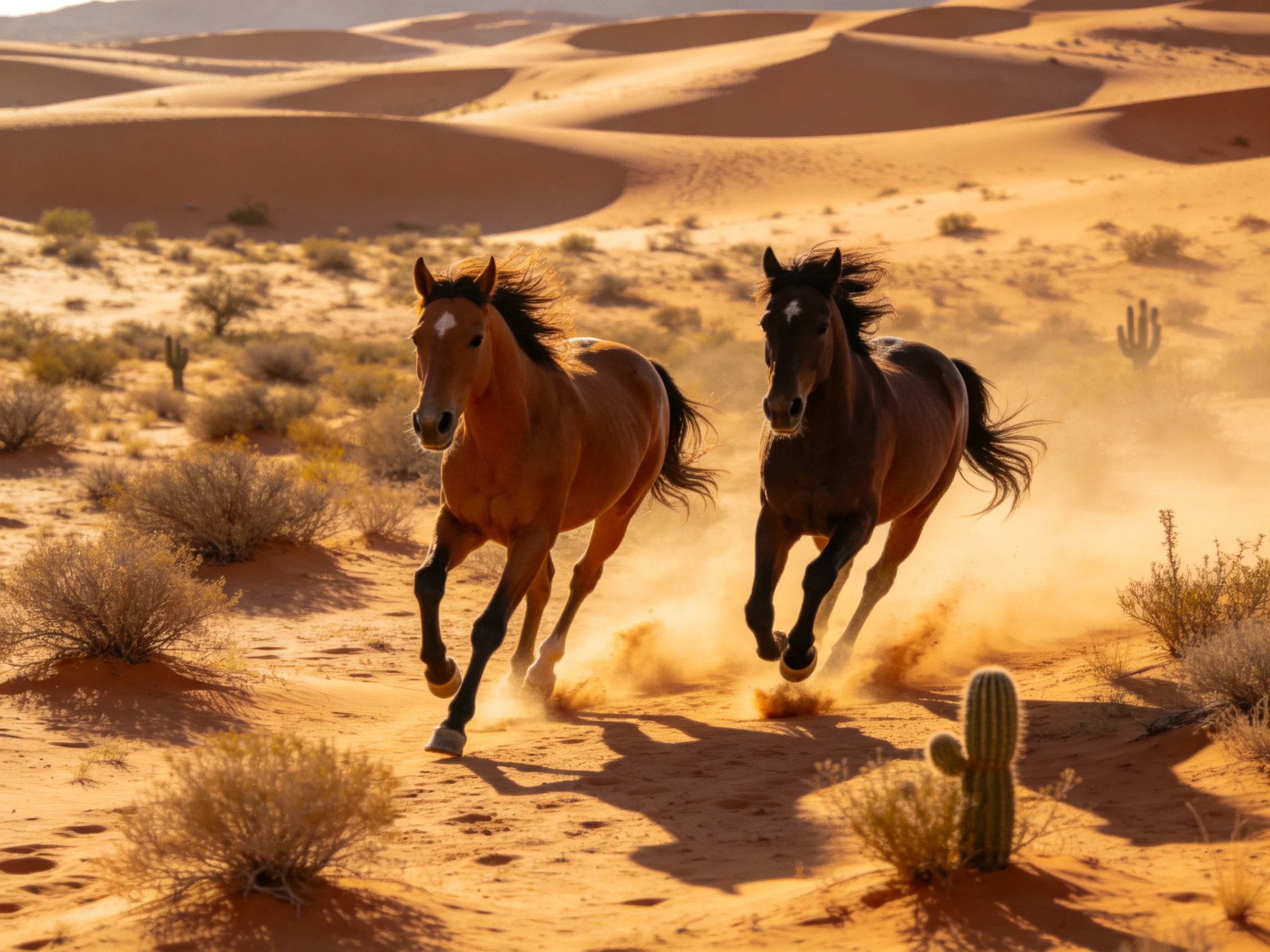 Two horses run across sandy desert terrain with vegetation and dunes nearby.