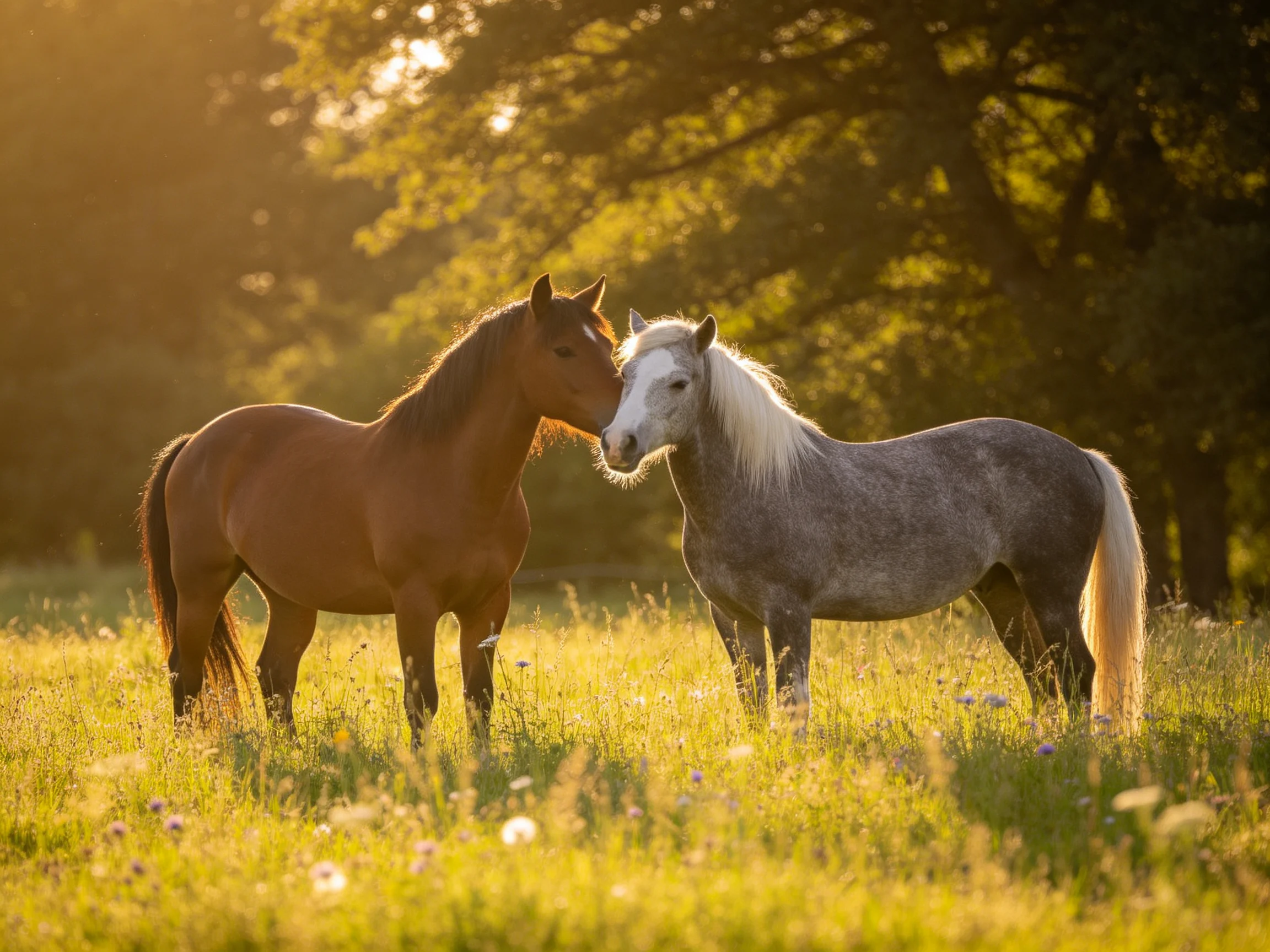 Two horses nuzzle in a sunlit meadow with golden grass