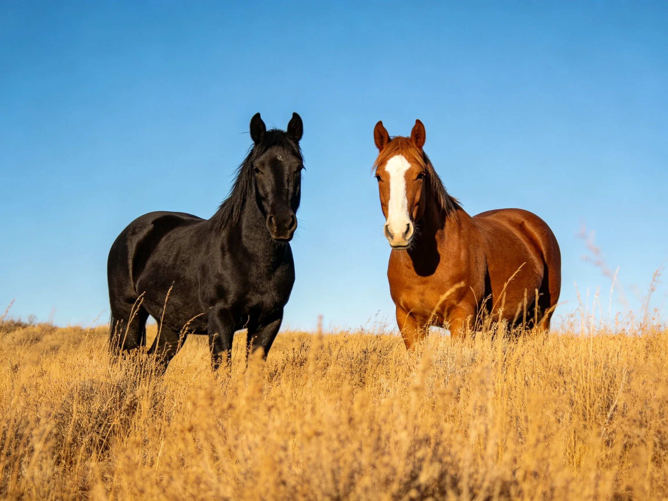 A black and brown horse stand together in a golden field.