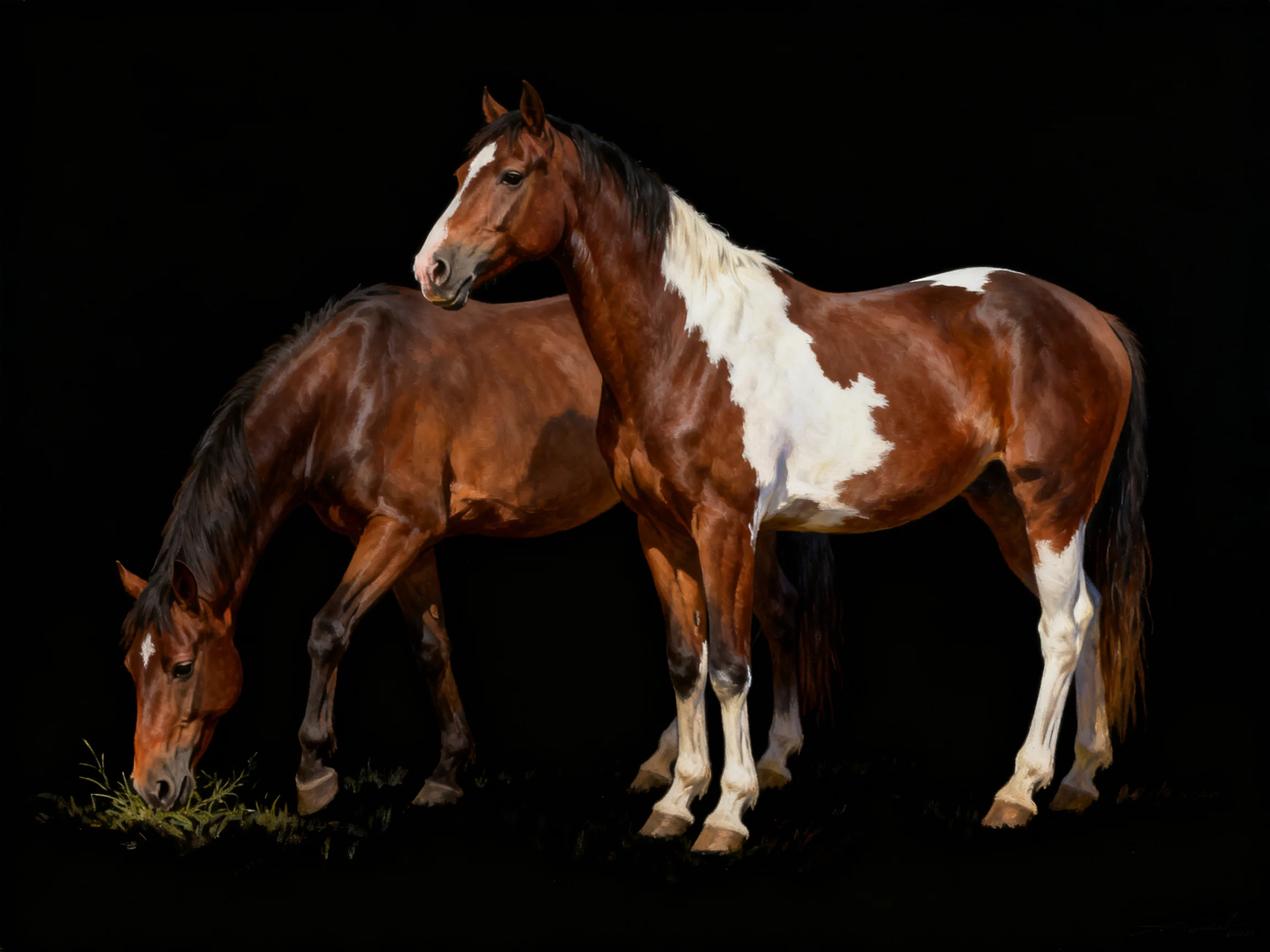 Two horses stand together, one grazing, one standing, against a black backdrop.