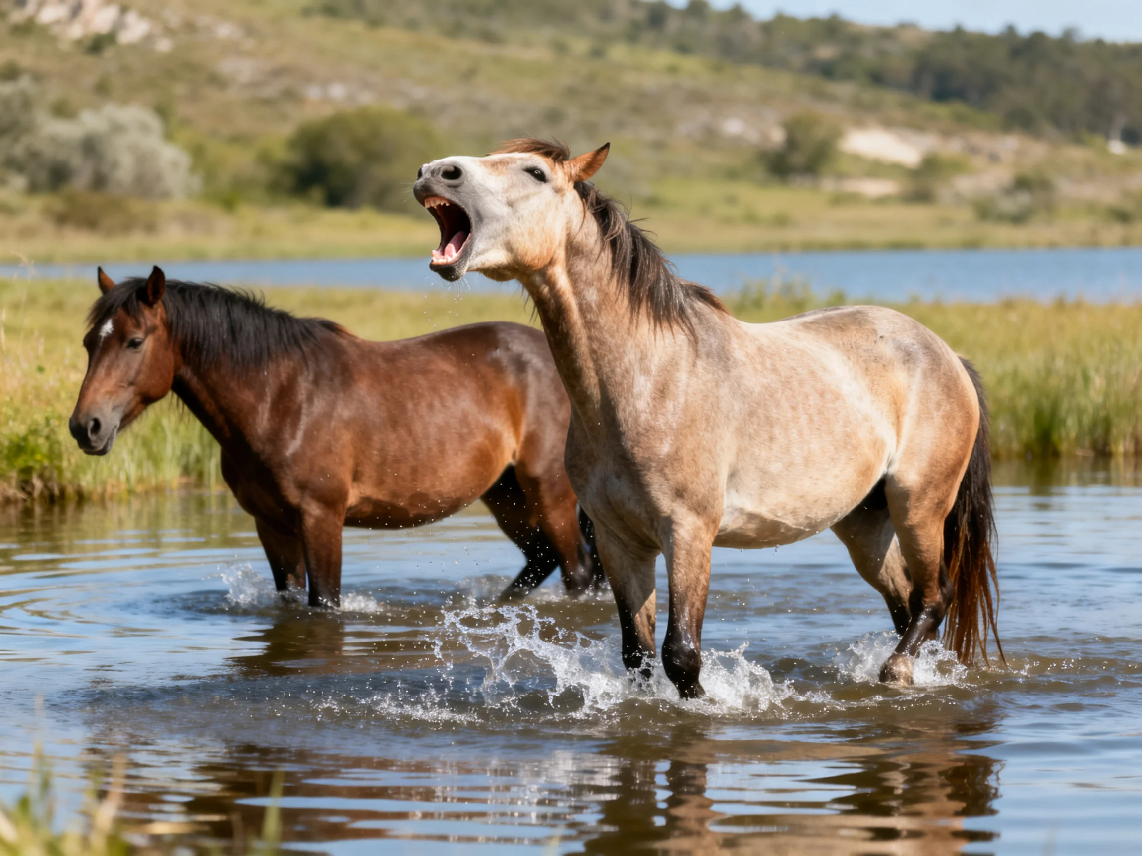 Two horses move through shallow water in a natural landscape