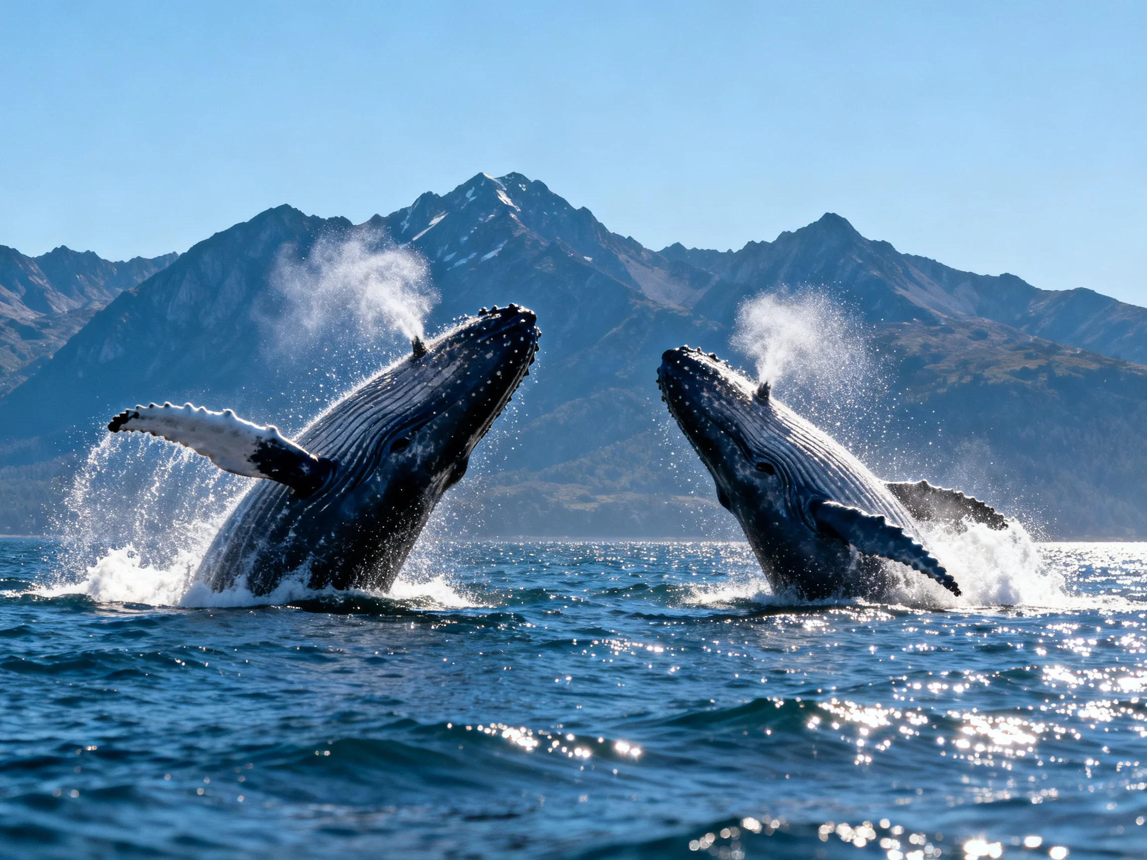 Two humpback whales breach the ocean with mountainous backdrop