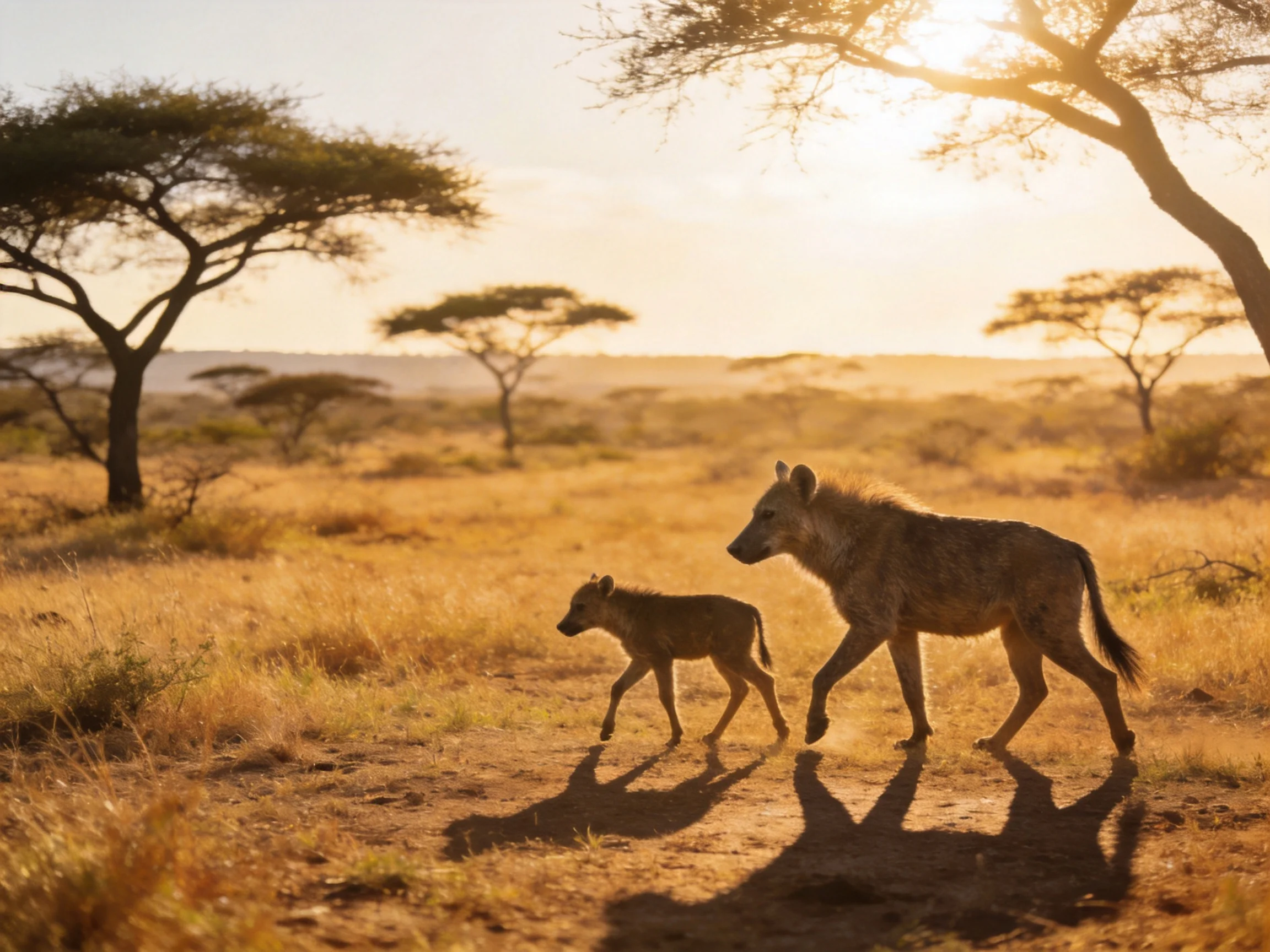 Two hyenas walk through a golden savannah near acacia trees