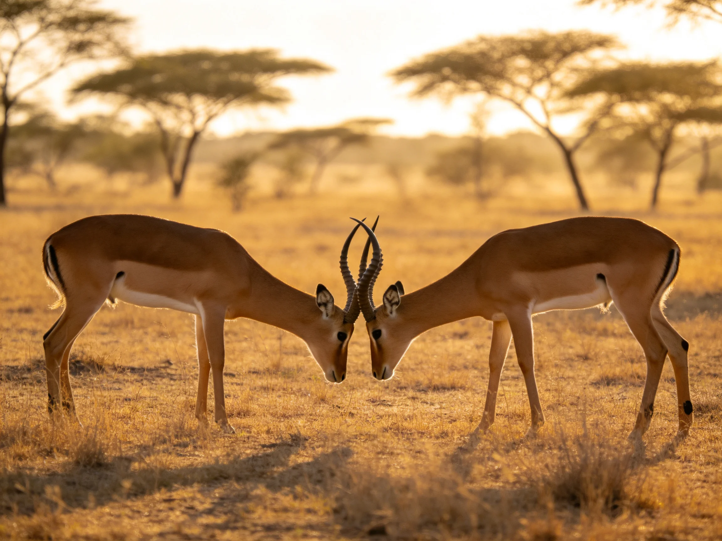 Two impalas lock horns in a sun-drenched savannah landscape