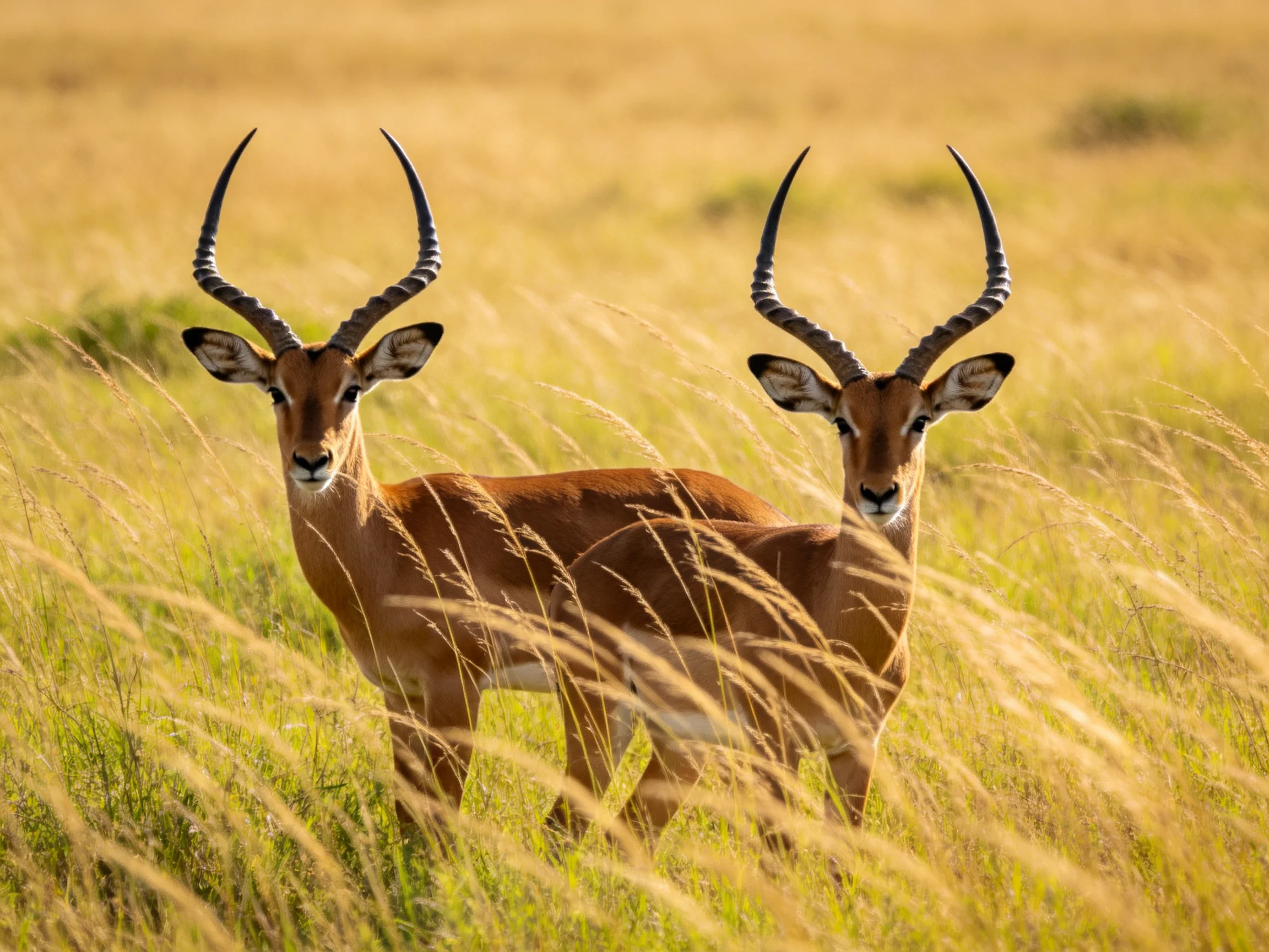 Two impelopes with curved horns in golden savannah grass