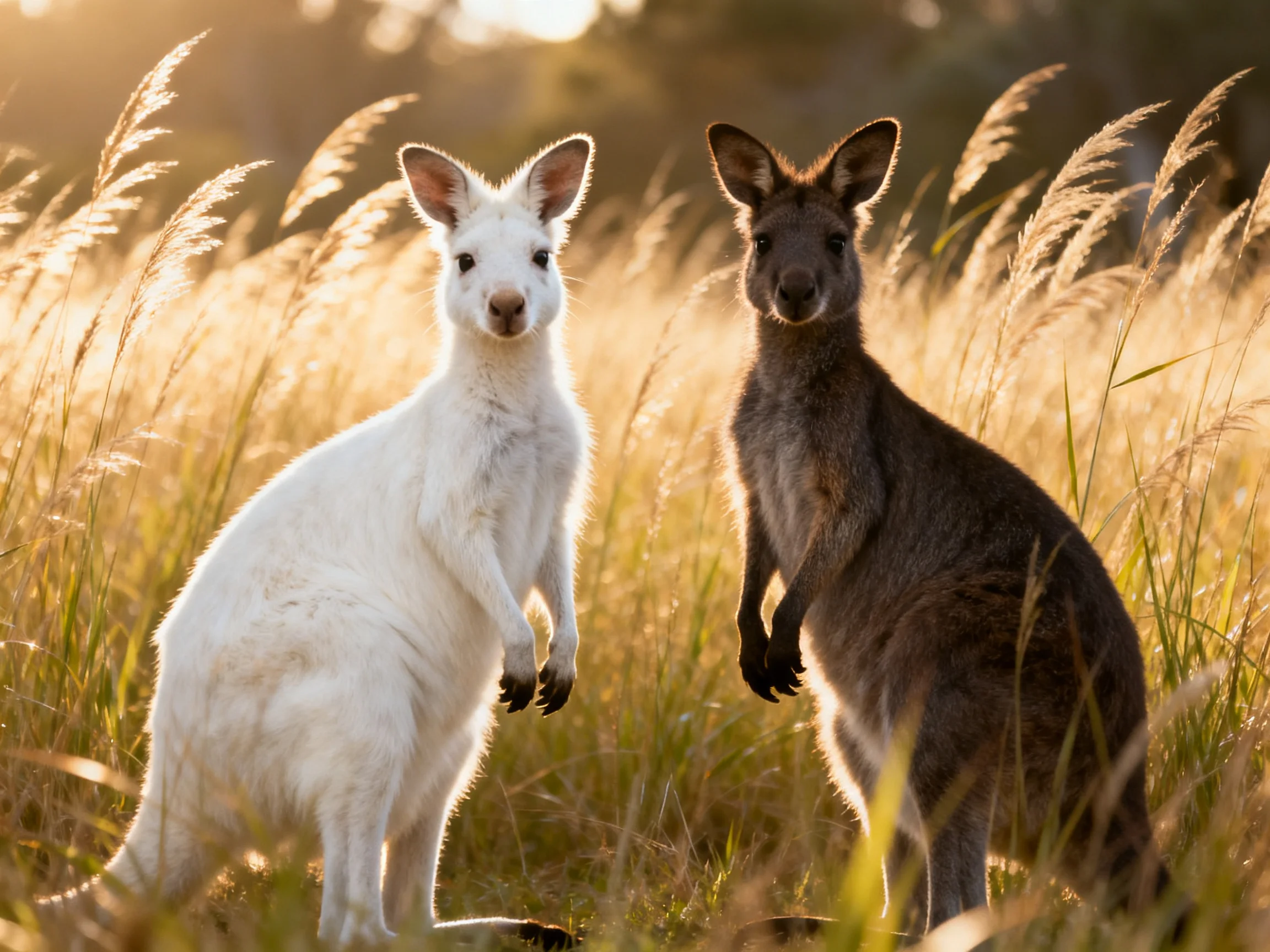 Two kangaroos, one white and one dark brown, in sunlit tall grass