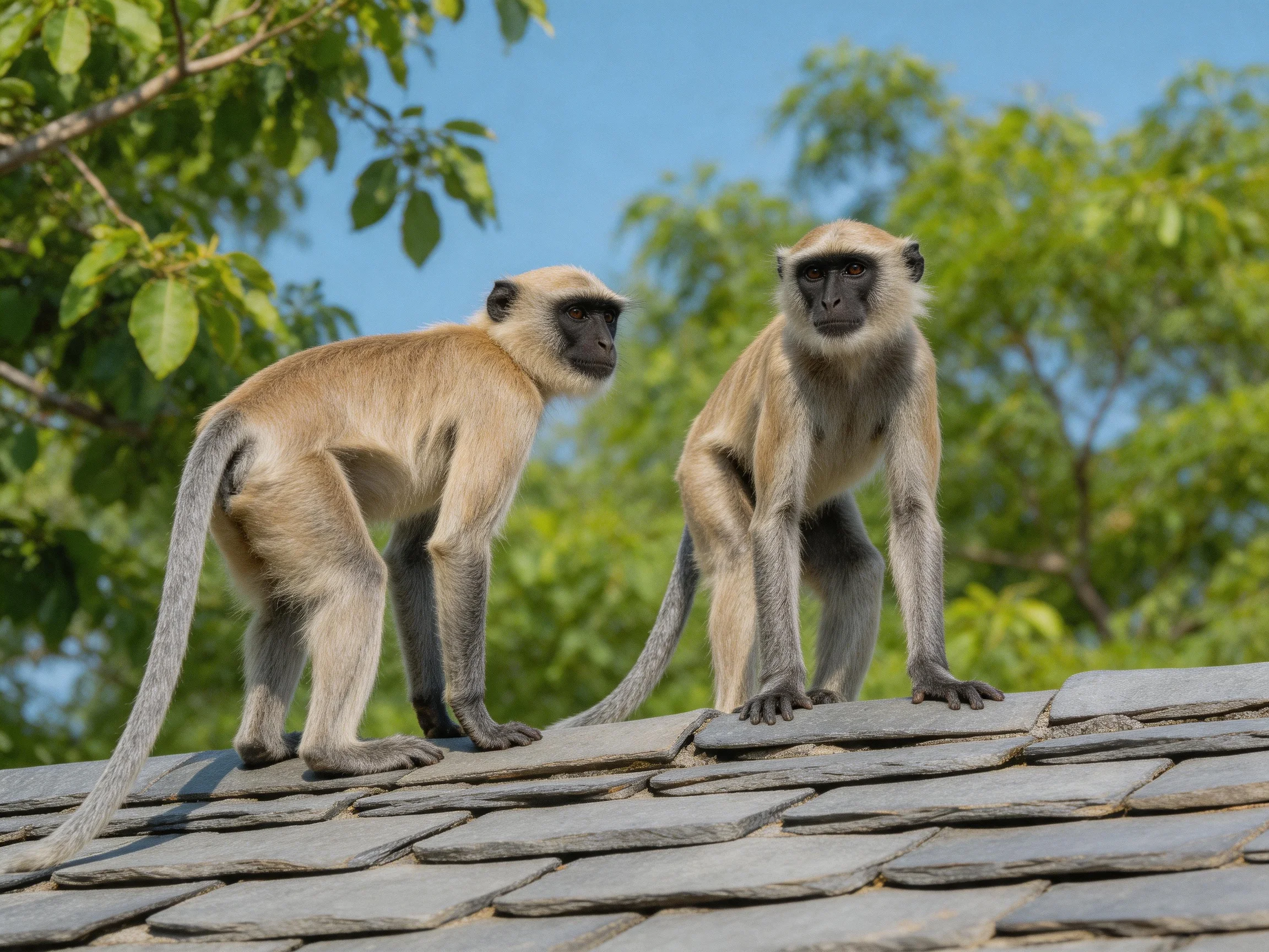 Two langur monkeys on a slate-tiled roof with green foliage
