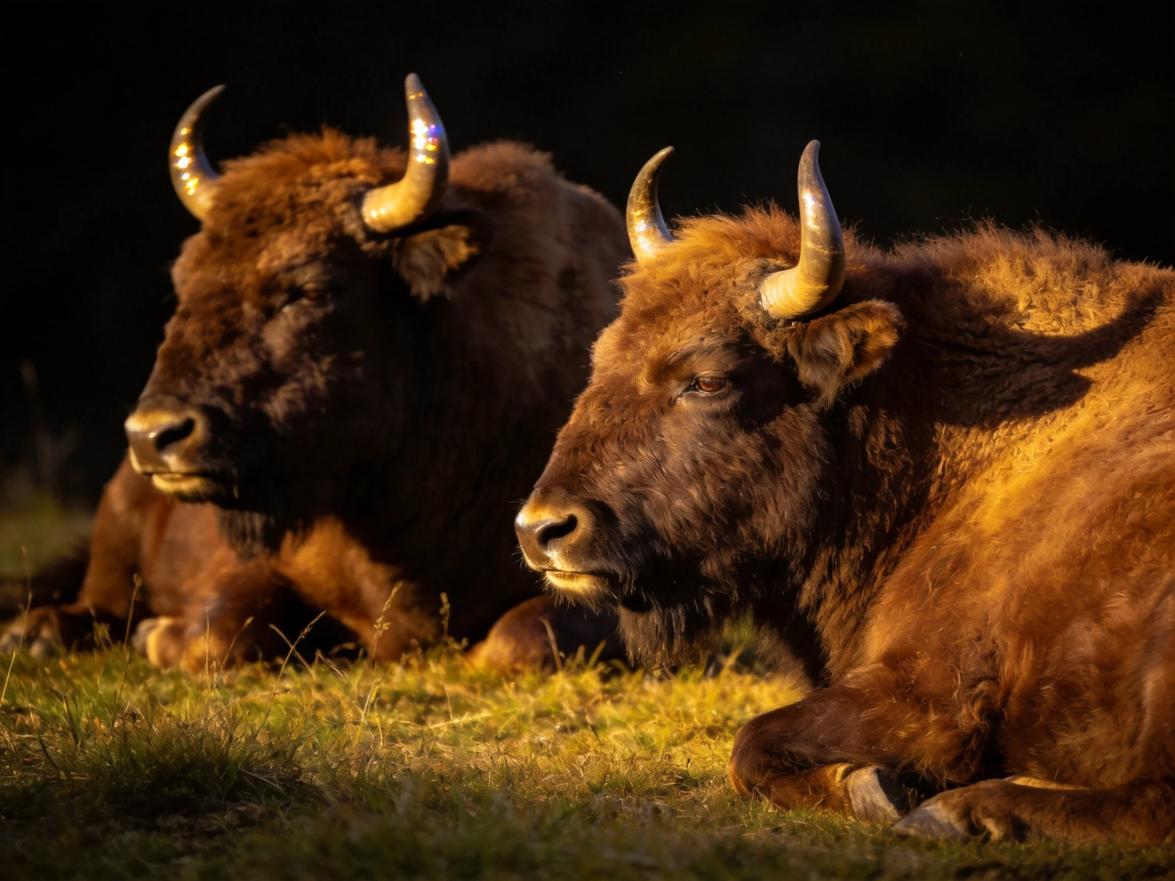 Two large brown bison rest on sunlit grass with curved golden horns
