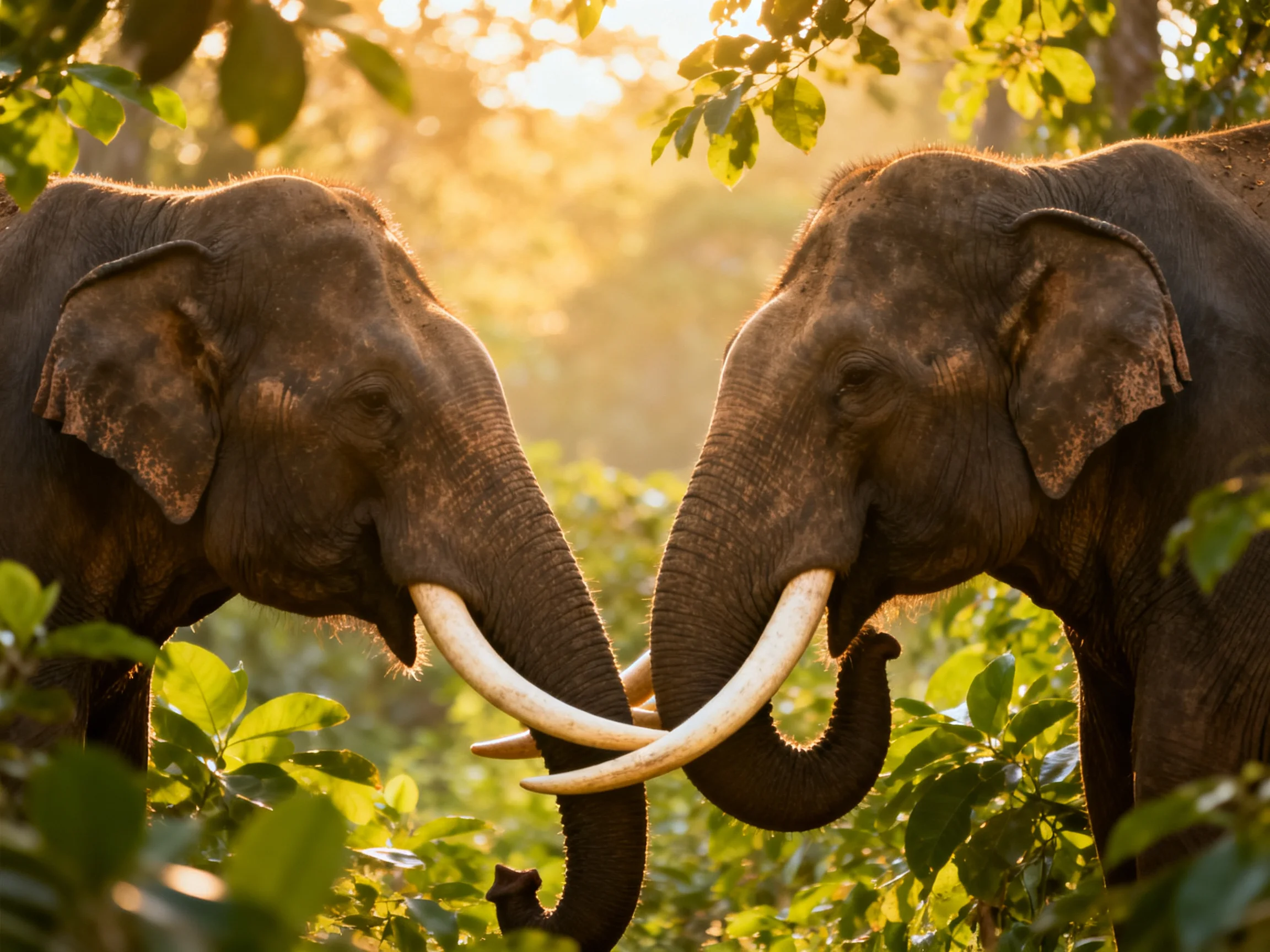 Two elephants touch trunks with long tusks in a sun-dappled forest