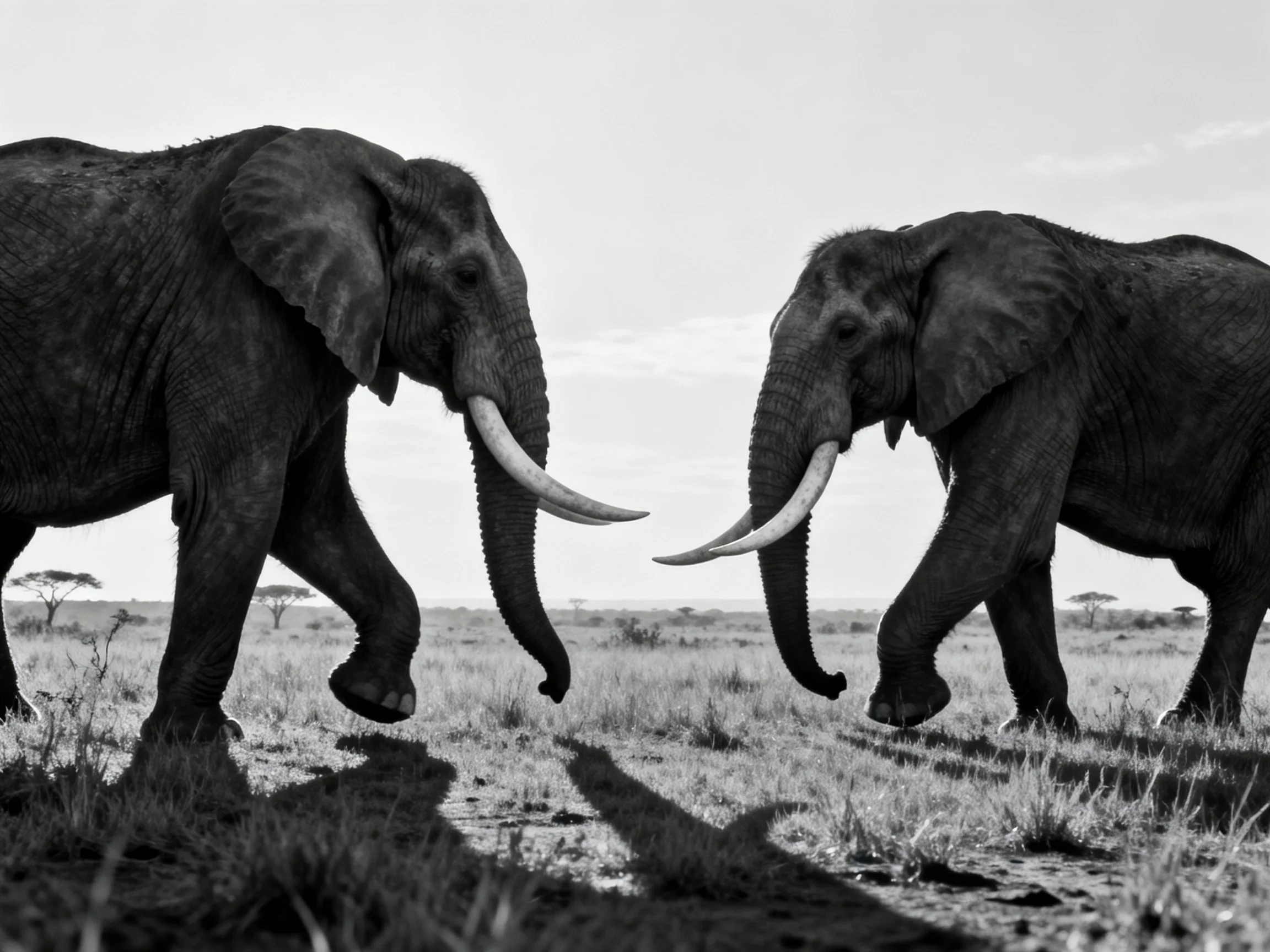 Two large elephants with long tusks interact in a vast savannah landscape