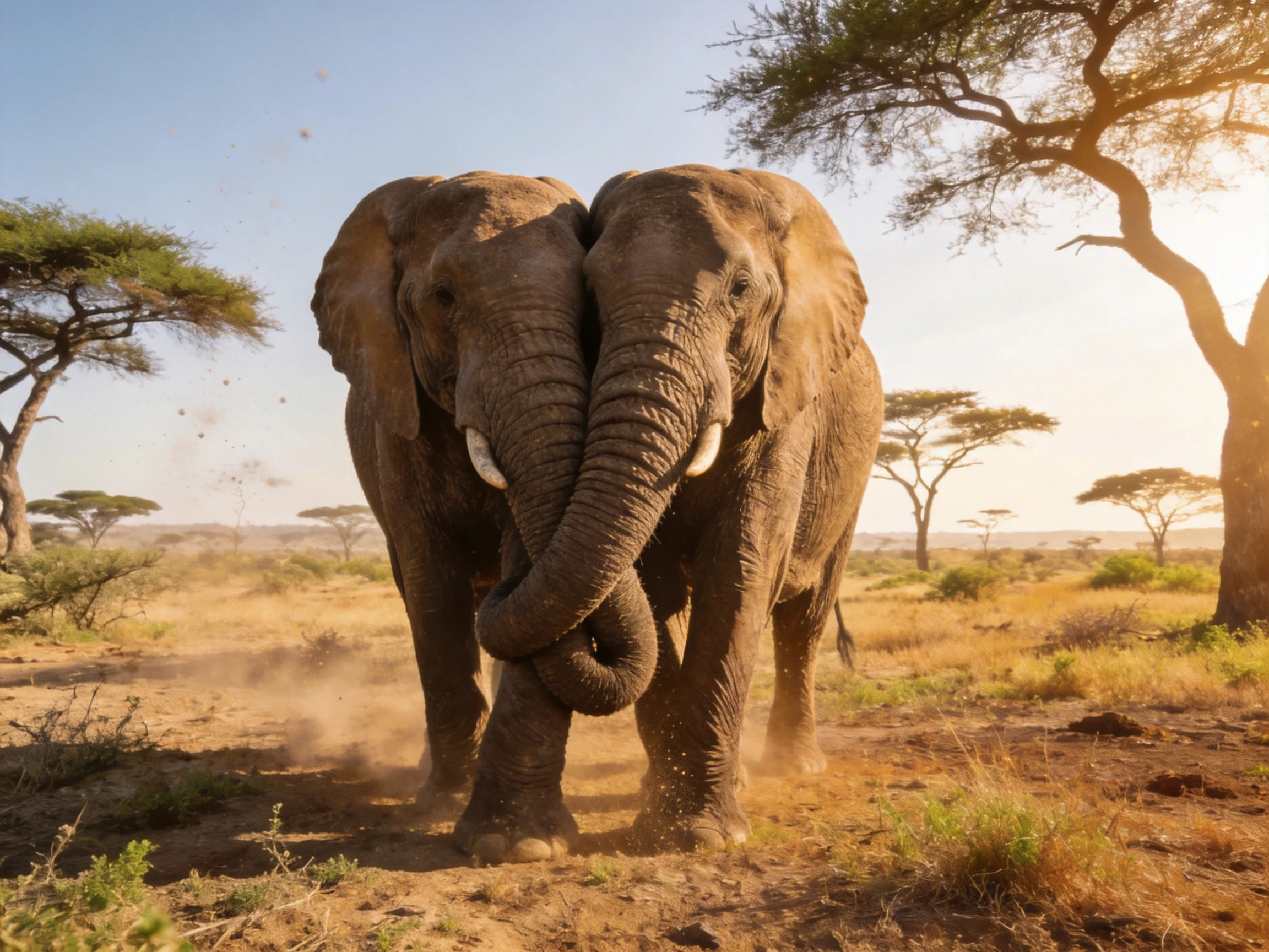Two elephants interact closely in a sunlit savannah environment.