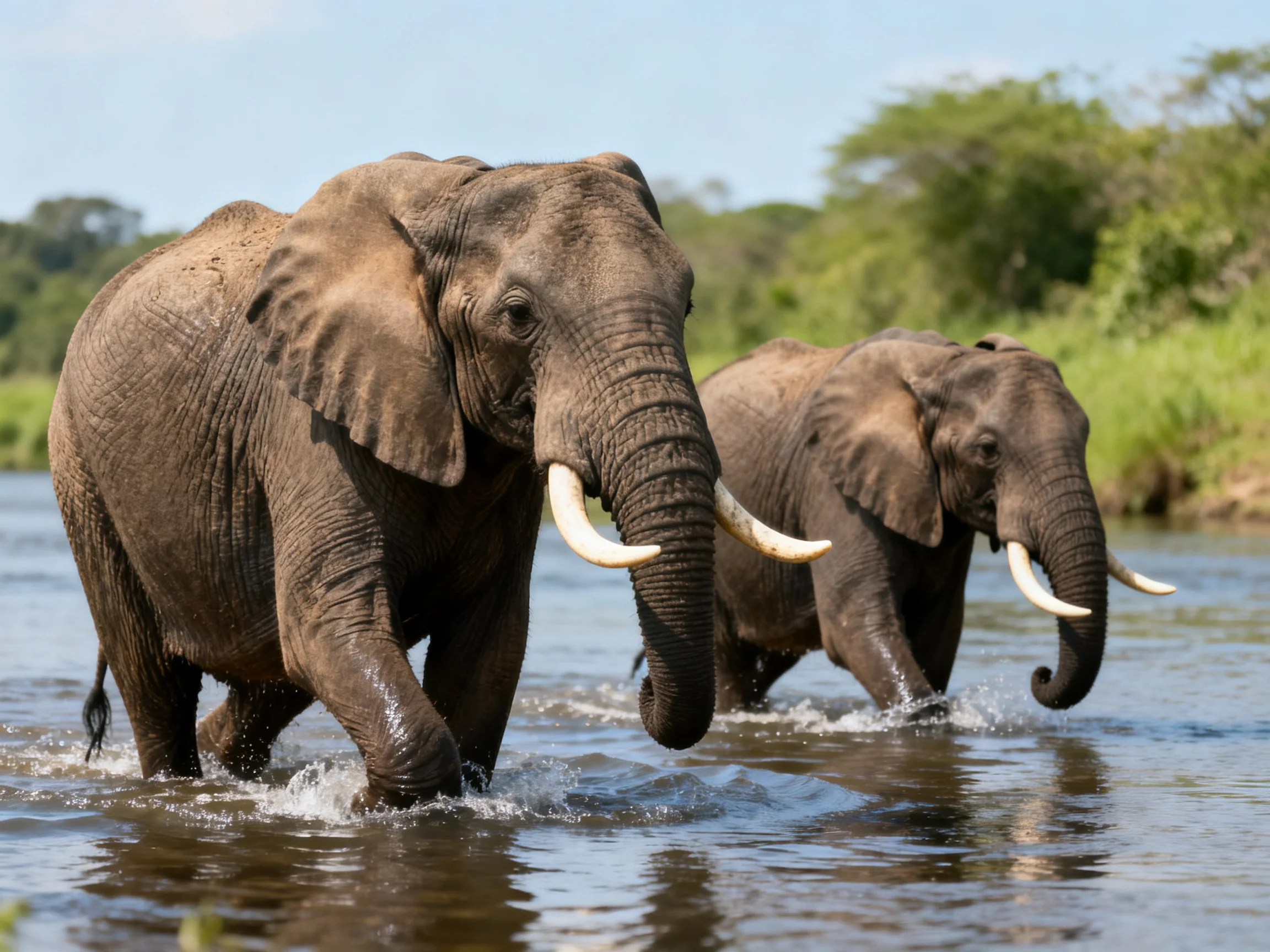 Two large gray elephants wade through a shallow river with green foliage