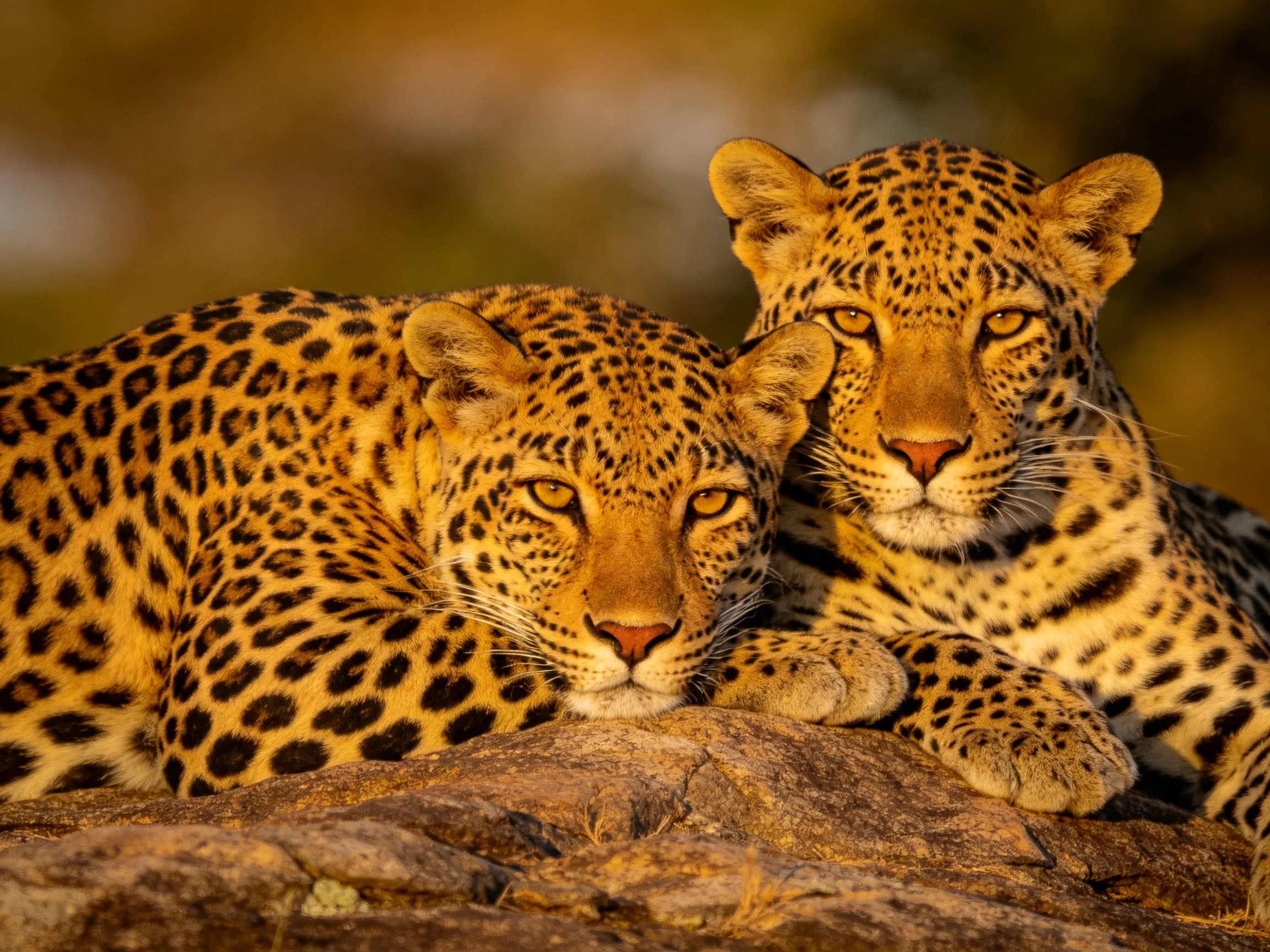 Two leopards rest closely on a rocky outcrop with golden-spotted coats