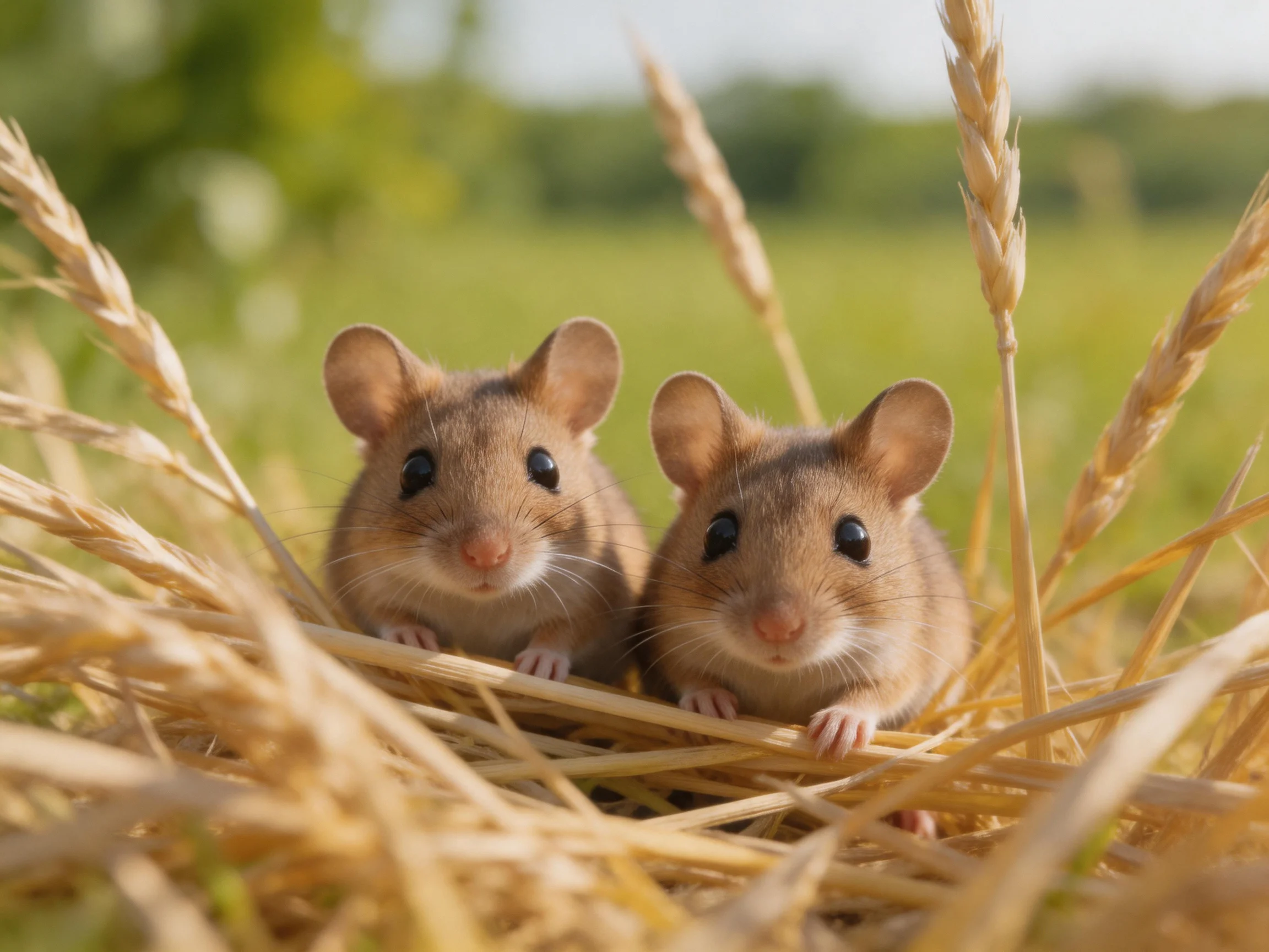 Two light-brown field mice nestled among golden straw stalks