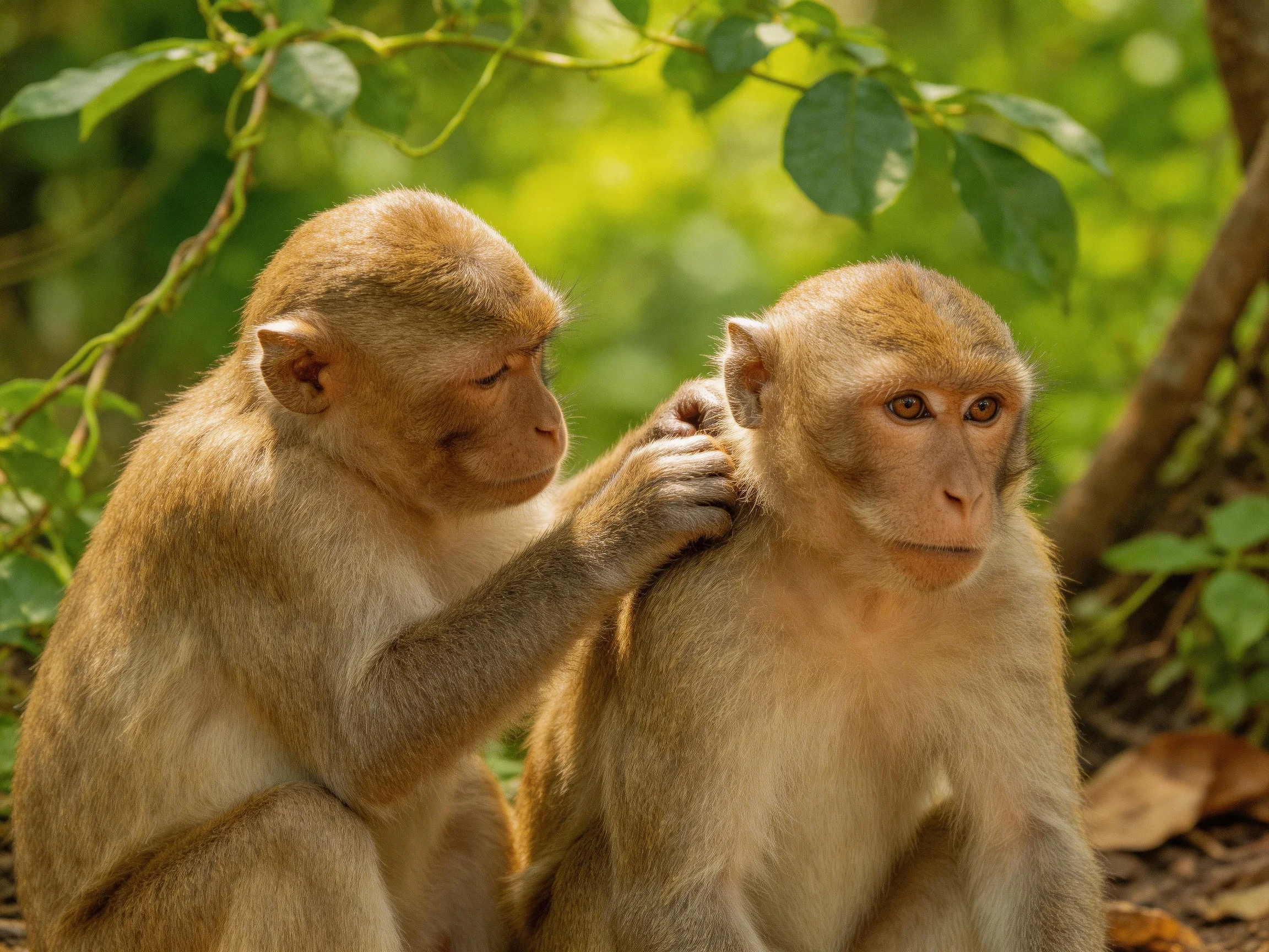 Two light-brown monkeys grooming each other amid lush green foliage