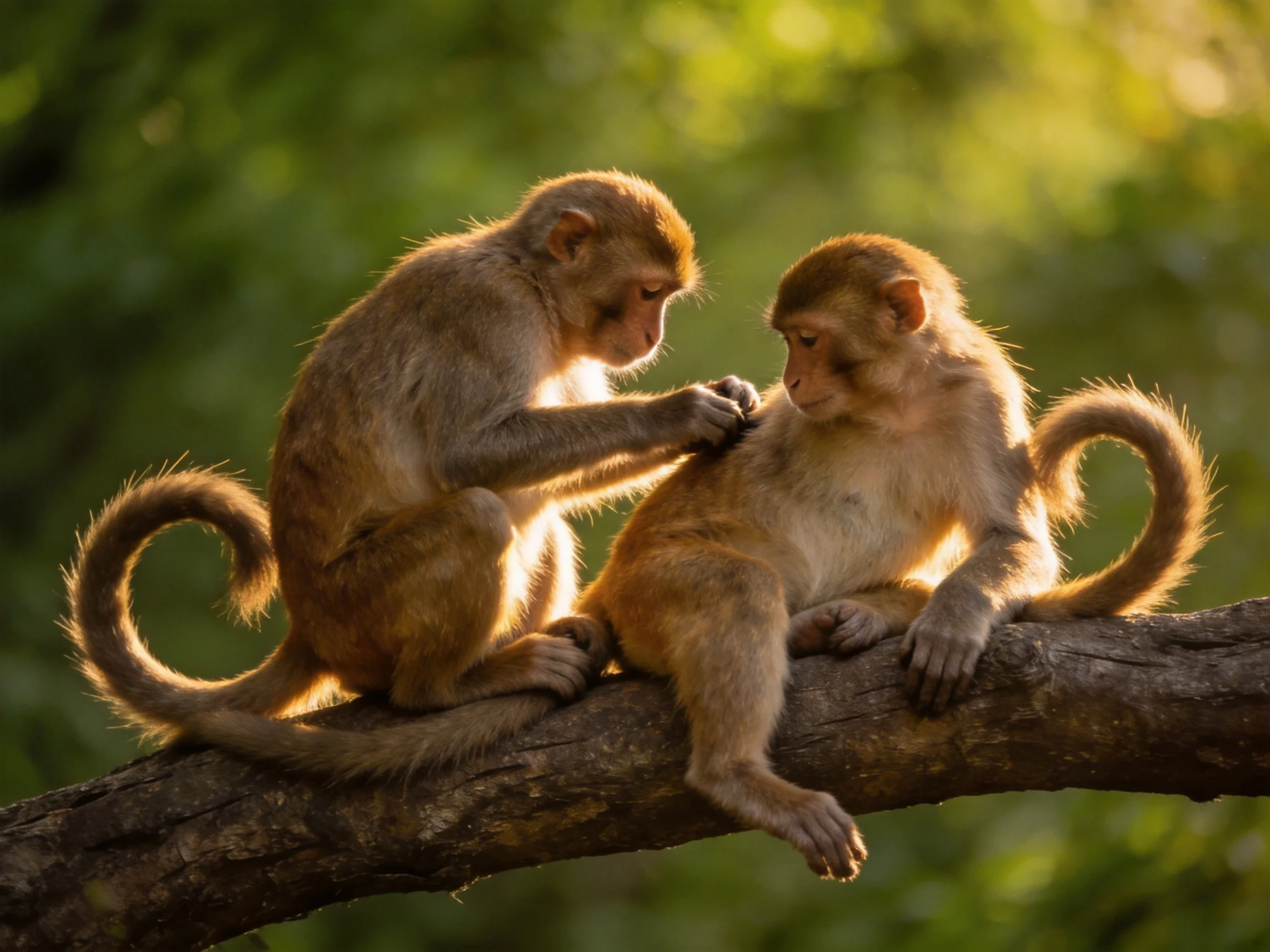 Two light - brown monkeys grooming each other on a sunlit tree branch