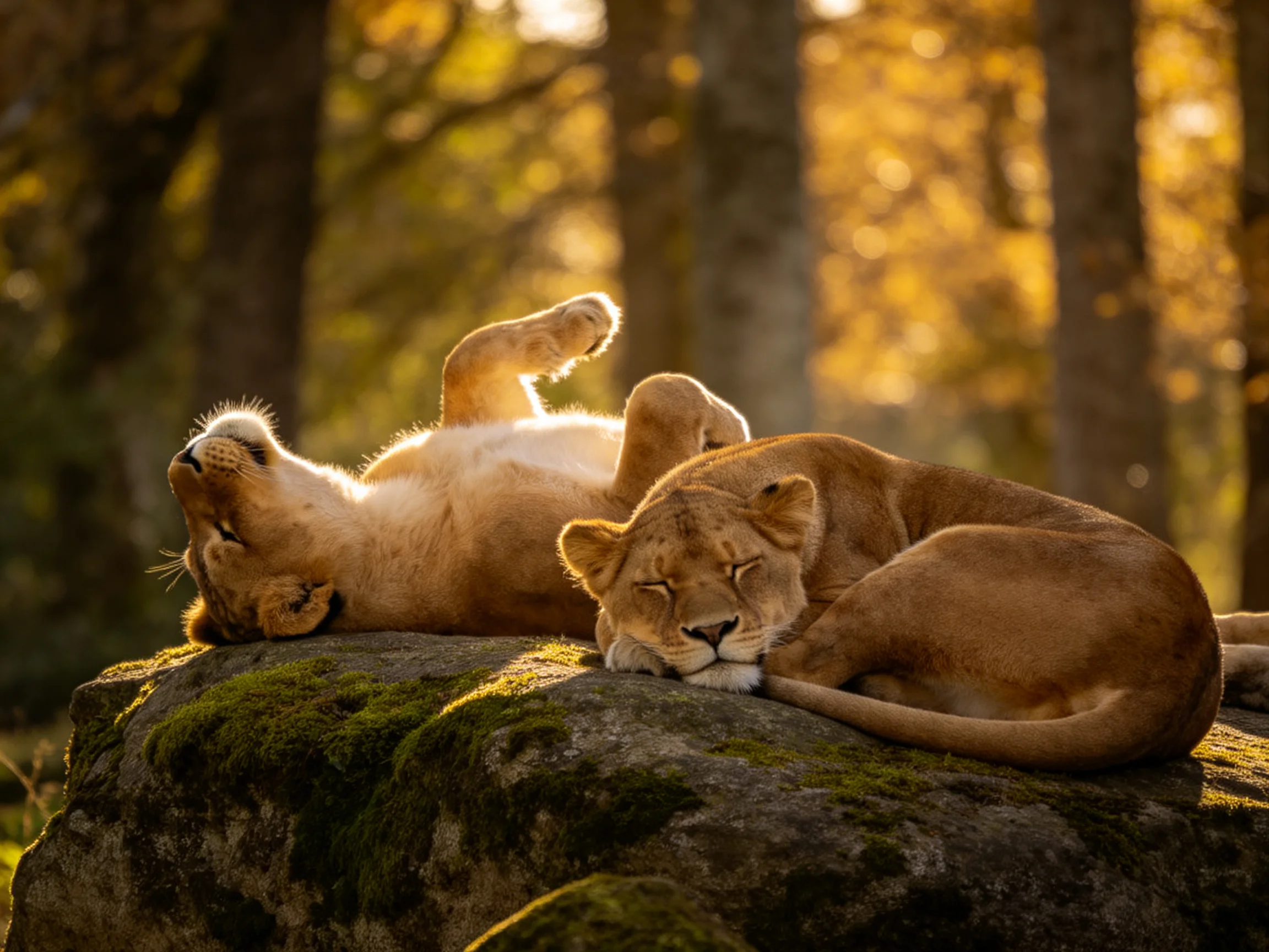Two lion cubs rest on a moss-covered rock in golden forest light