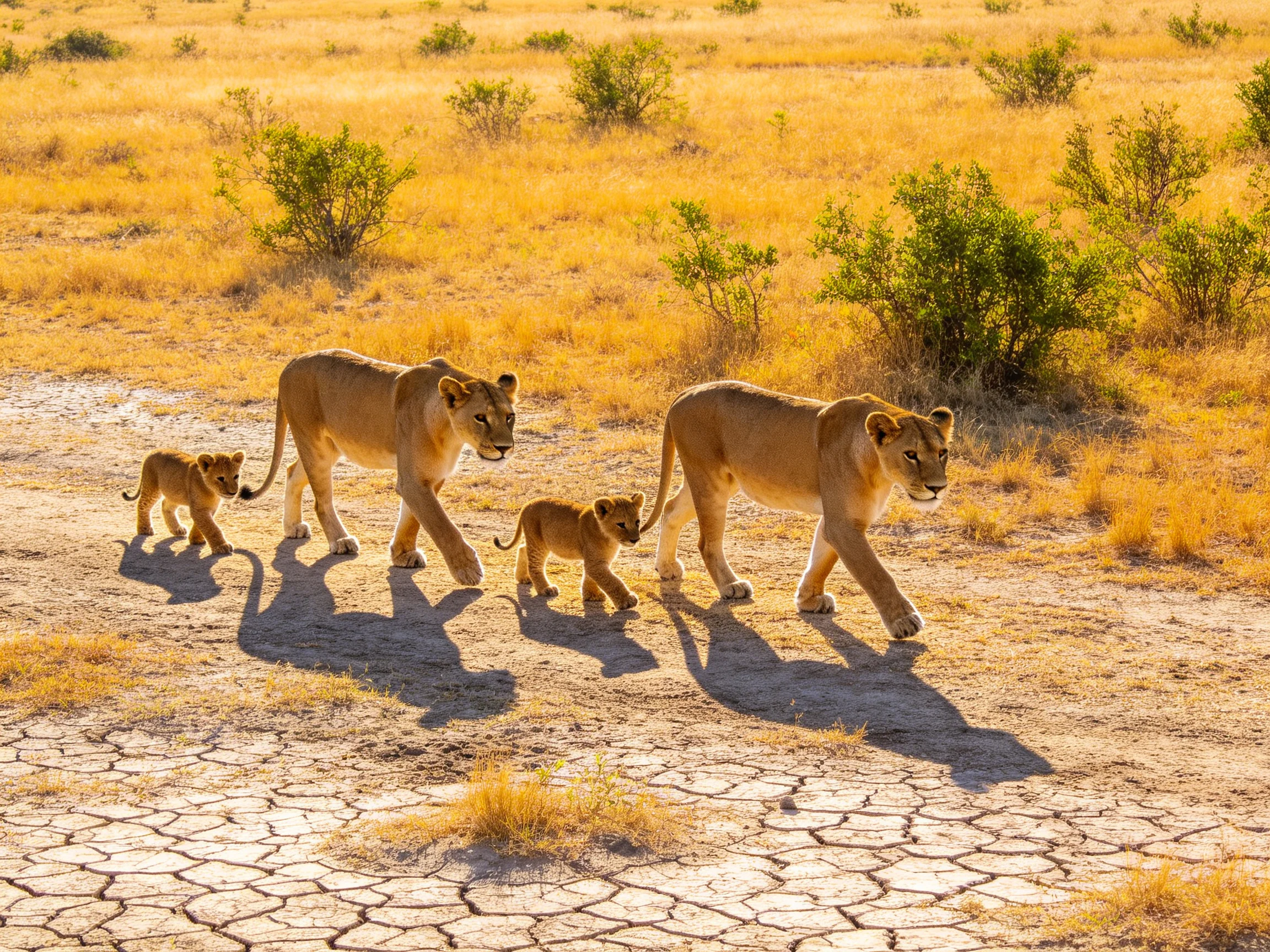 Two lionesses and two cubs walk across golden savannah with cracked earth