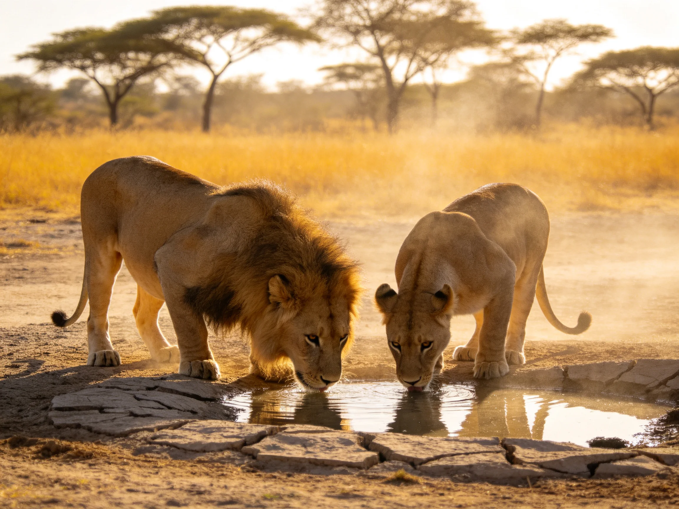 Two lions drink water at a rocky watering hole in golden savannah