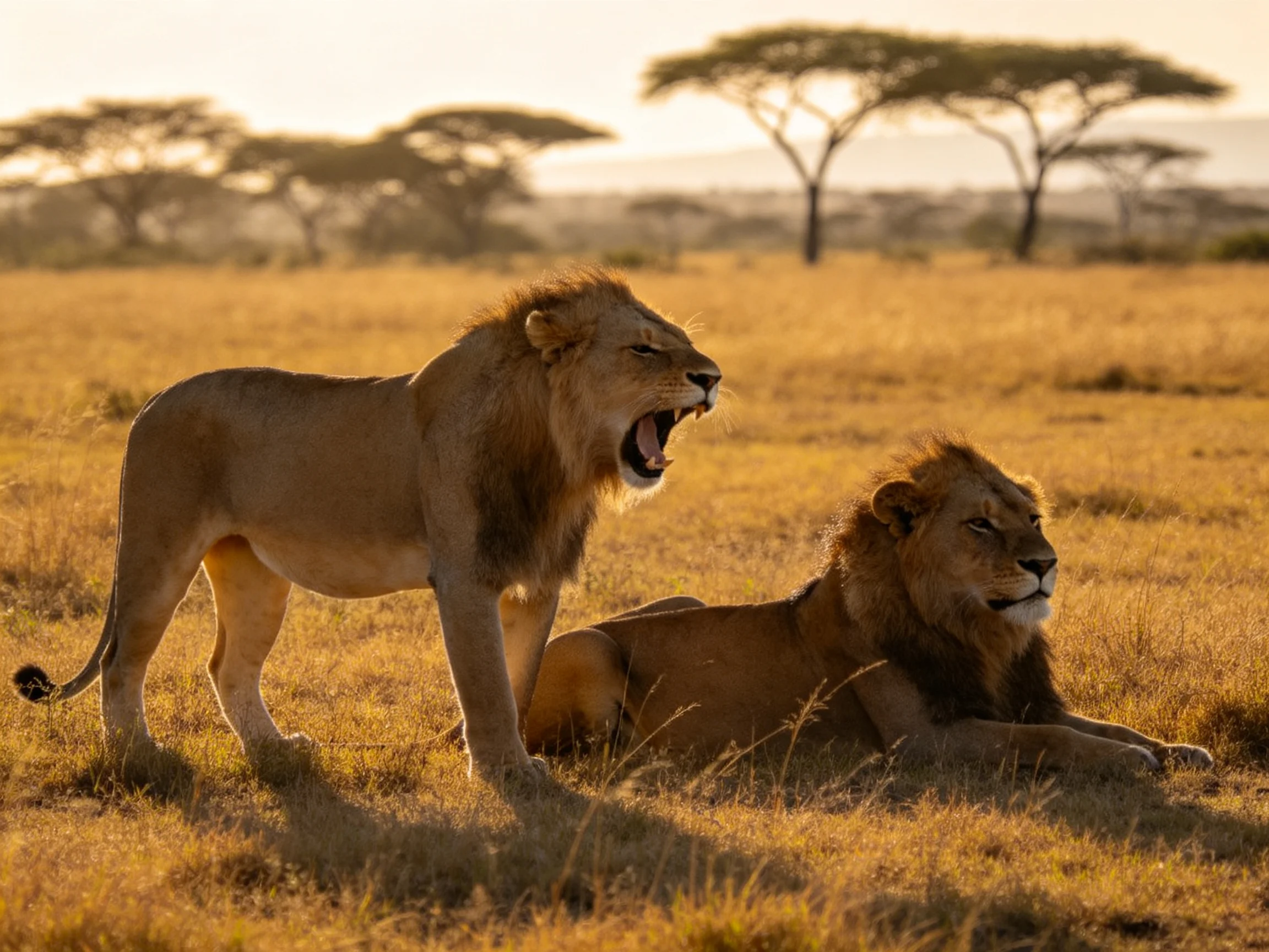 Two lions in golden savannah, one roaring, one resting