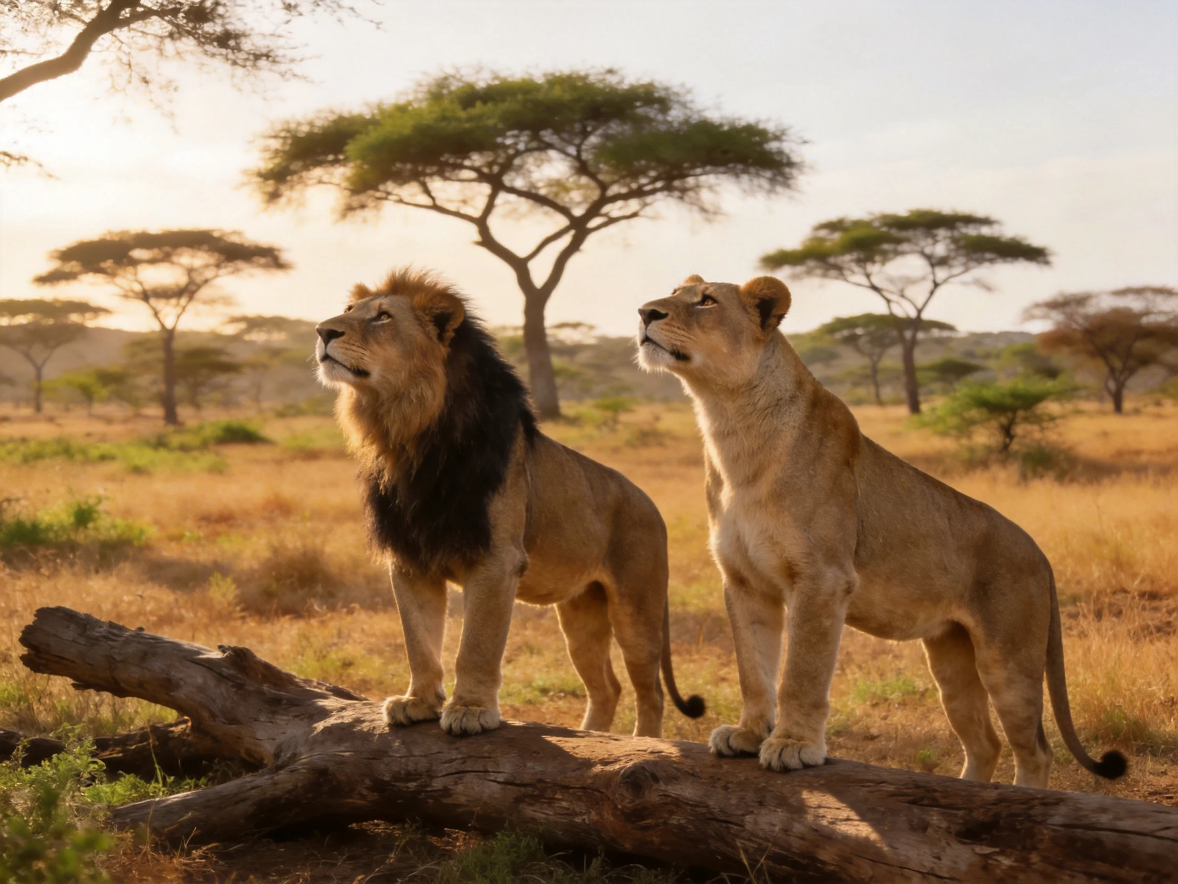 Two lions, one with a dark mane, stand on a log in a golden savannah