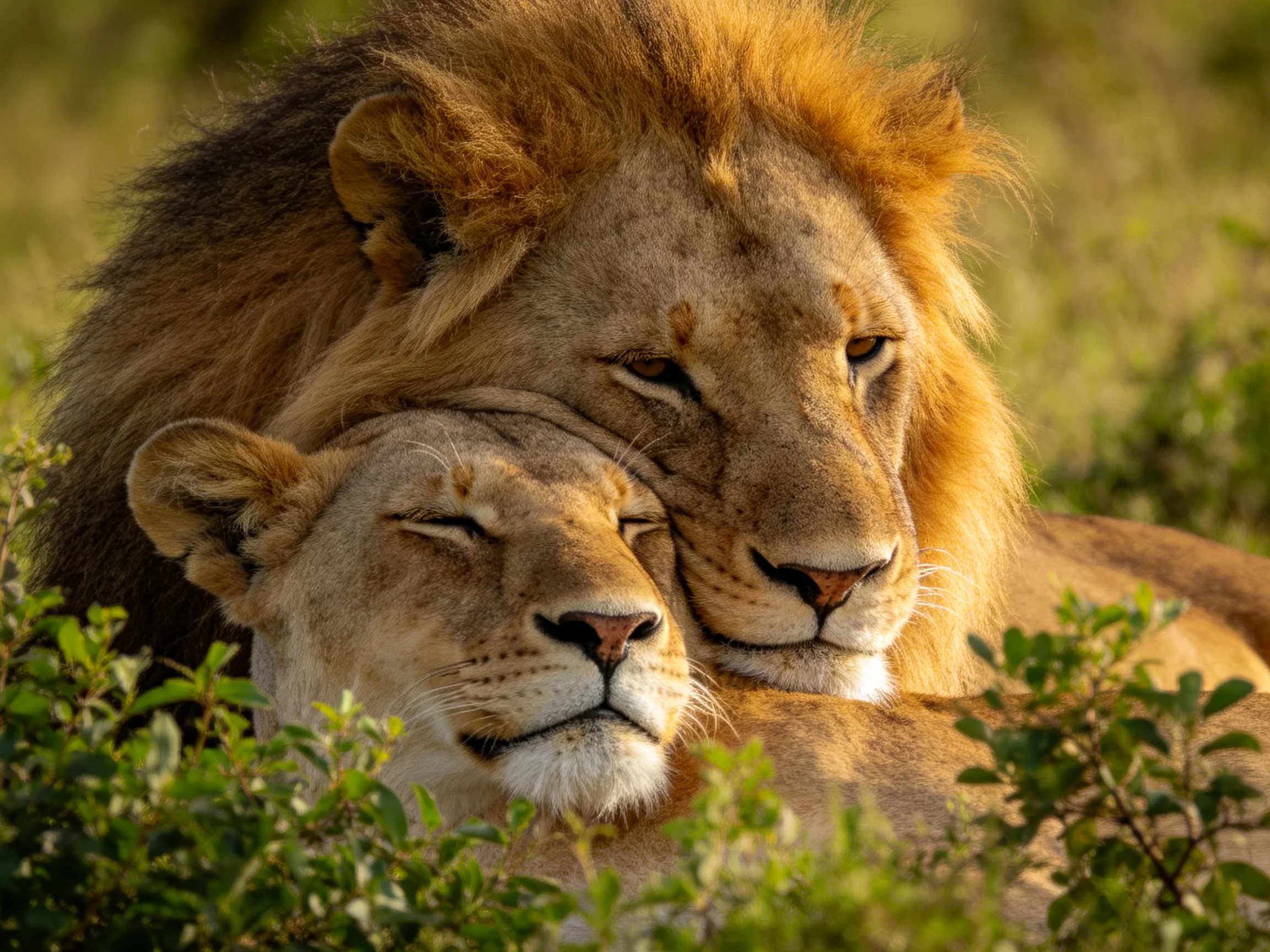 Two lions, one with a thick brown mane, rest together in a sunlit landscape
