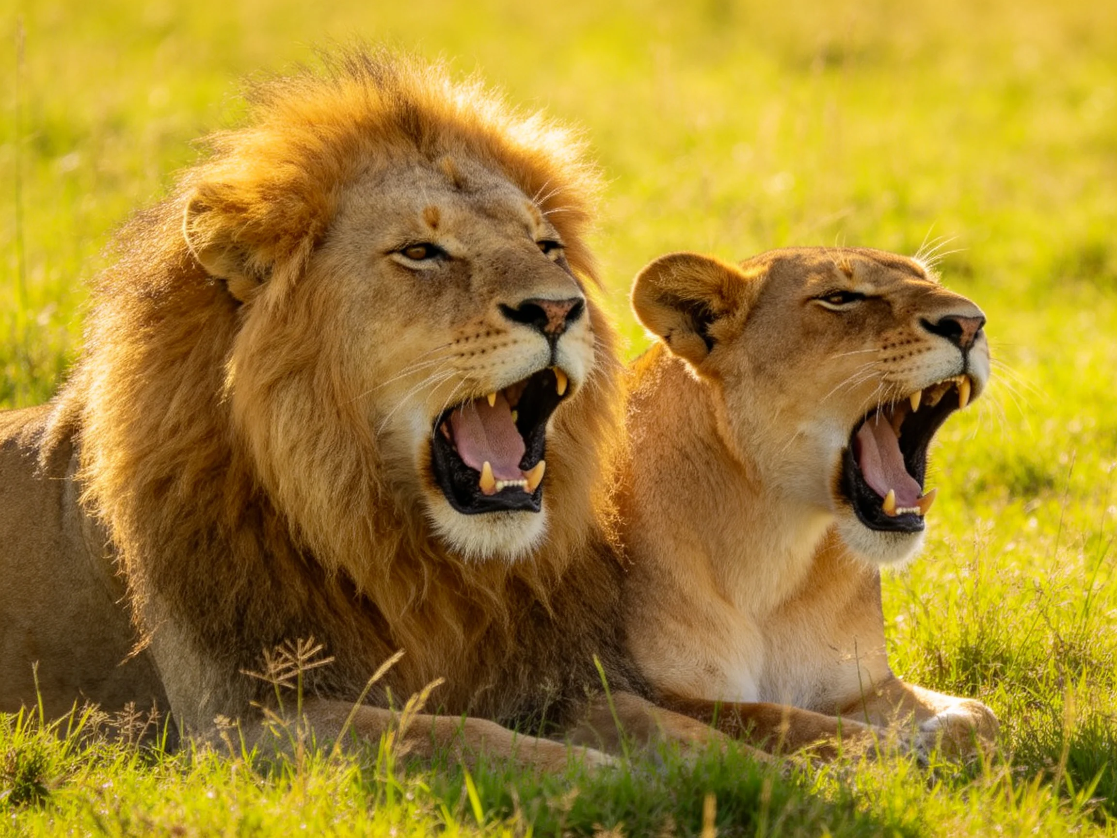 Two lions, one with a thick mane, rest in a sunlit grassland