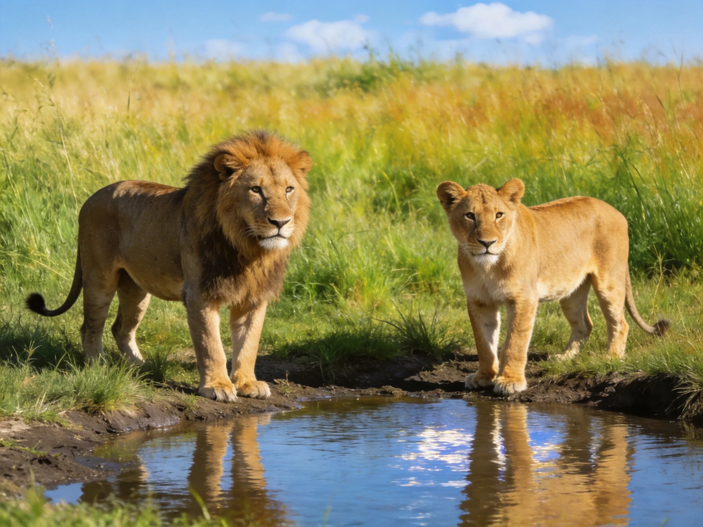 Two lions, one with a thick mane, stand by a small waterhole in tall grass